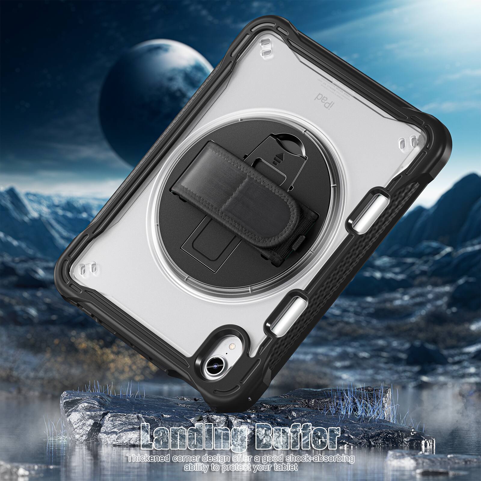 A iPad = Landing Buffer  
Thickened corner design offers a good shock-absorbing ability to protect your tablet