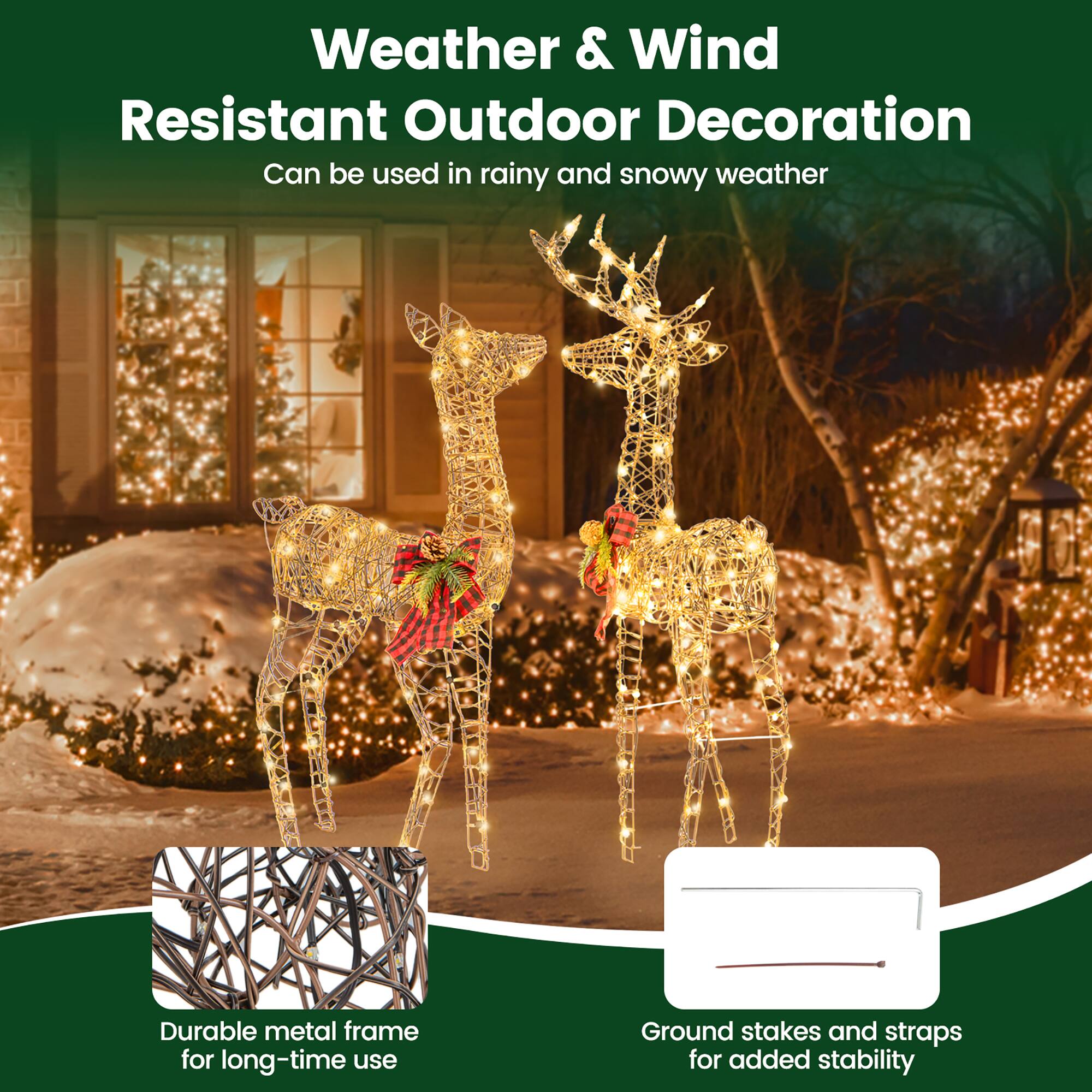 Weather & Wind Resistant Outdoor Decoration  
Can be used in rainy and snowy weather  

Durable metal frame for long-time use  

Ground stakes and straps for added stability