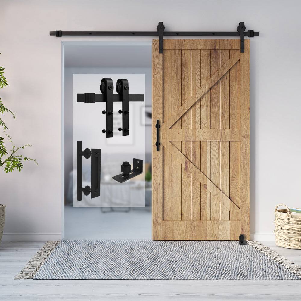 Alt View 2. Boyel Living - 6.6 ft./79 in. Black Steel Strap Sliding Barn Door Track and Hardware Kit with 12 in. Cylinder Handle and Floor Guide - Black.