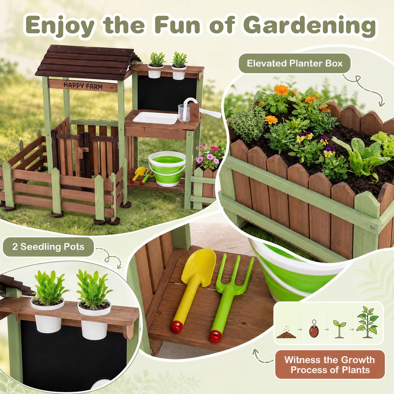 Enjoy the Fun of Gardening

Elevated Planter Box

HAPPY FARM

2 Seedling Pots

Witness the Growth Process of Plants