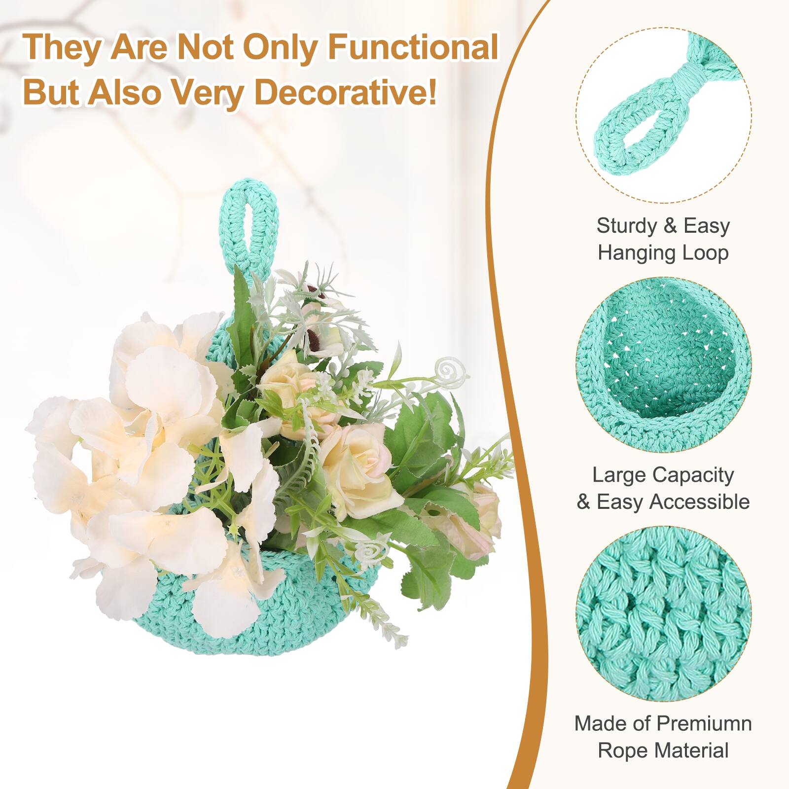 They Are Not Only Functional But Also Very Decorative! Sturdy & Easy Hanging Loop Large Capacity & Easy Accessible Made of Premium Rope Material