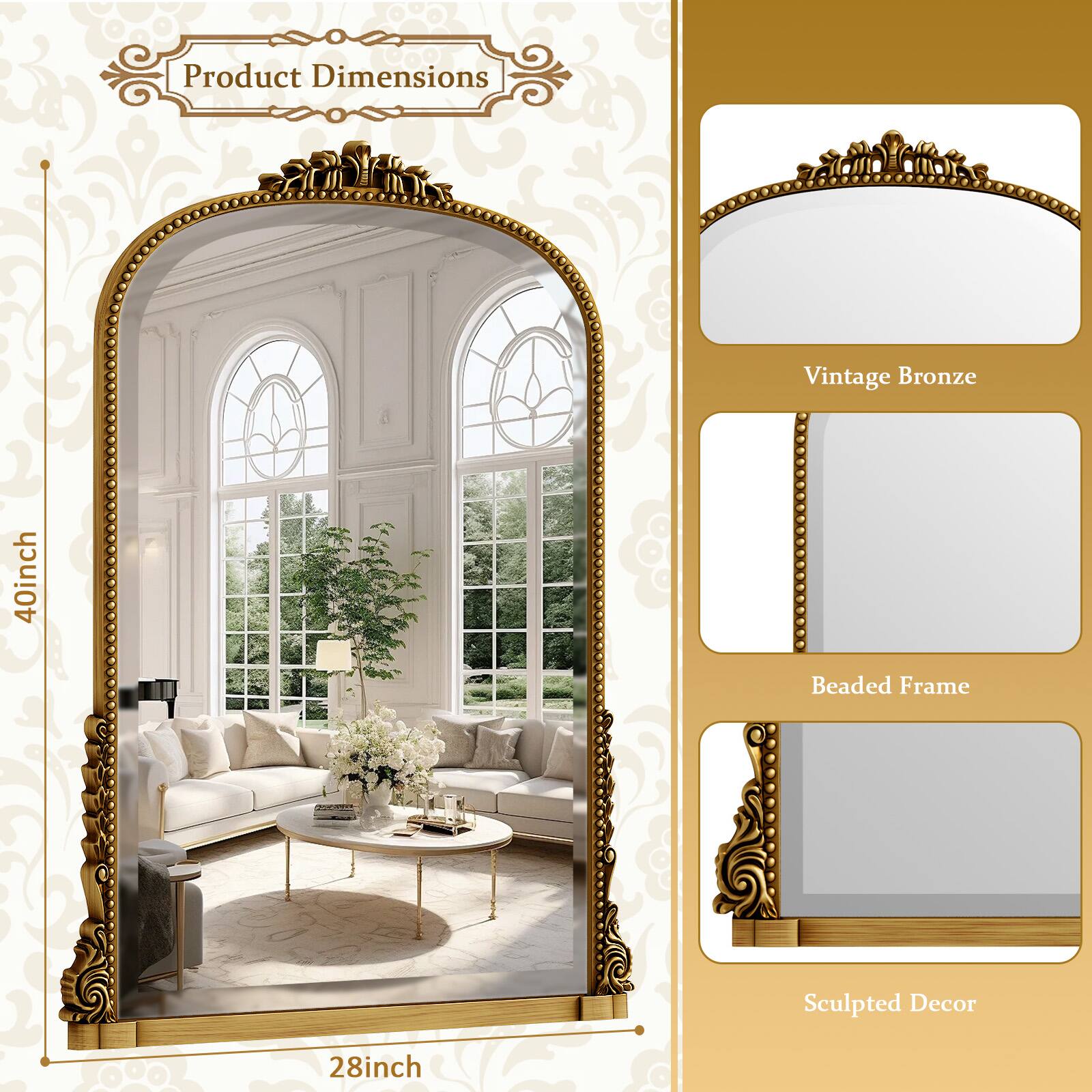 Product Dimensions: Vintage Bronze, 40inch Beaded Frame, Sculpted Decor, 28inch