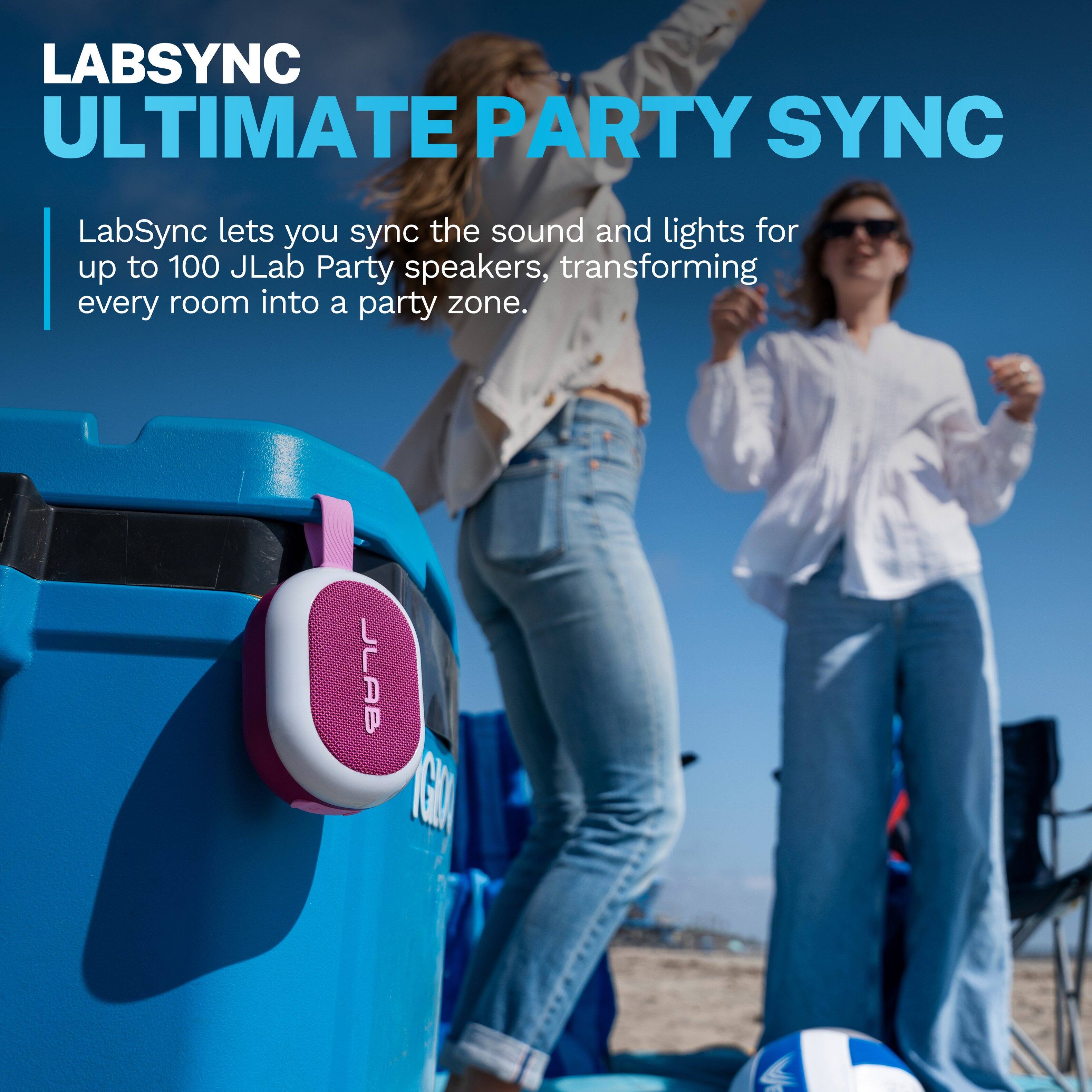 LABSYNC  
ULTIMATE PARTY SYNC

LabSync lets you sync the sound and lights for up to 100 JLab Party speakers, transforming every room into a party zone.