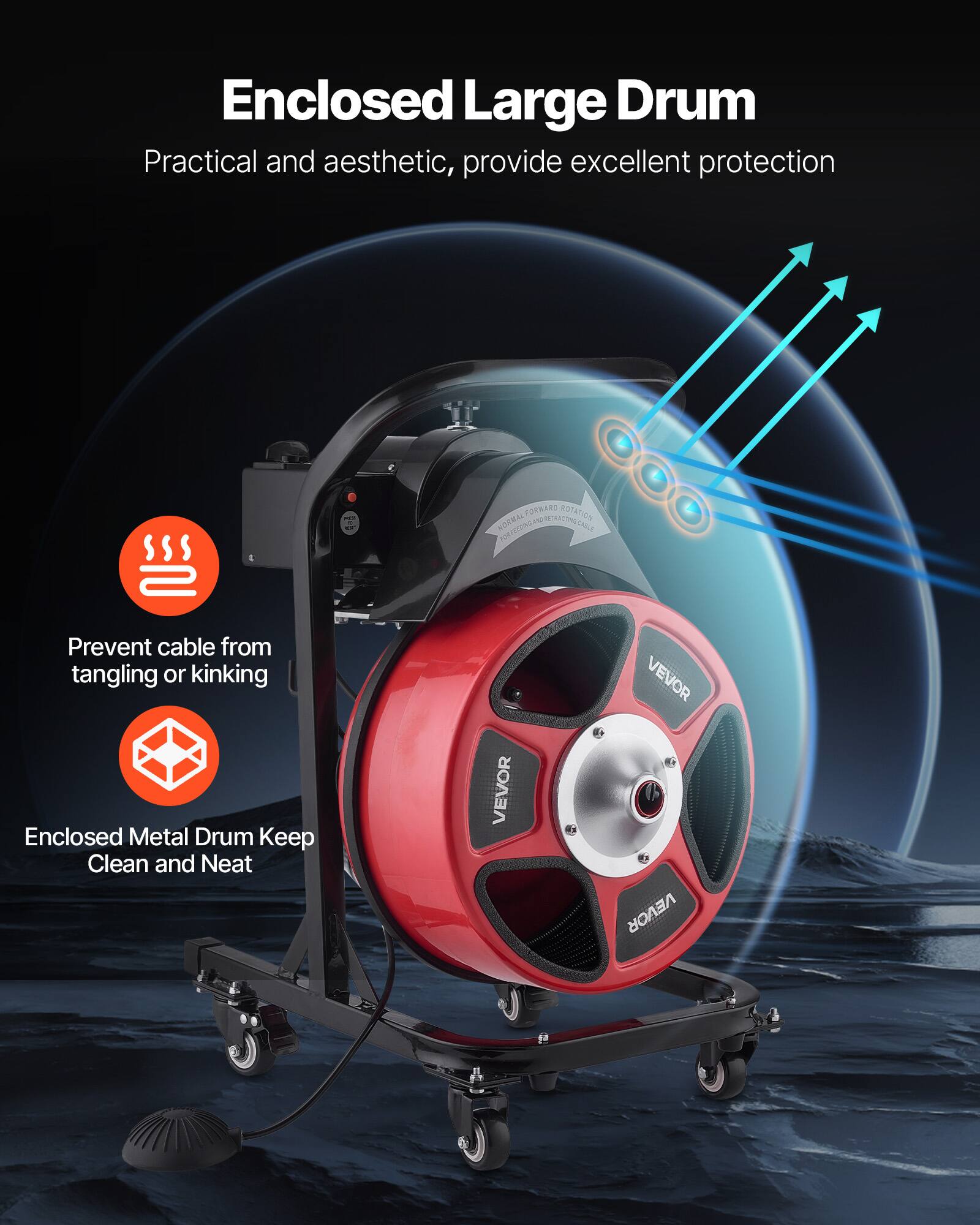 Enclosed Large Drum  
Practical and aesthetic, provide excellent protection  

Prevent cable from tangling or kinking  

Enclosed Metal Drum Keep Clean and Neat  

VEVOR