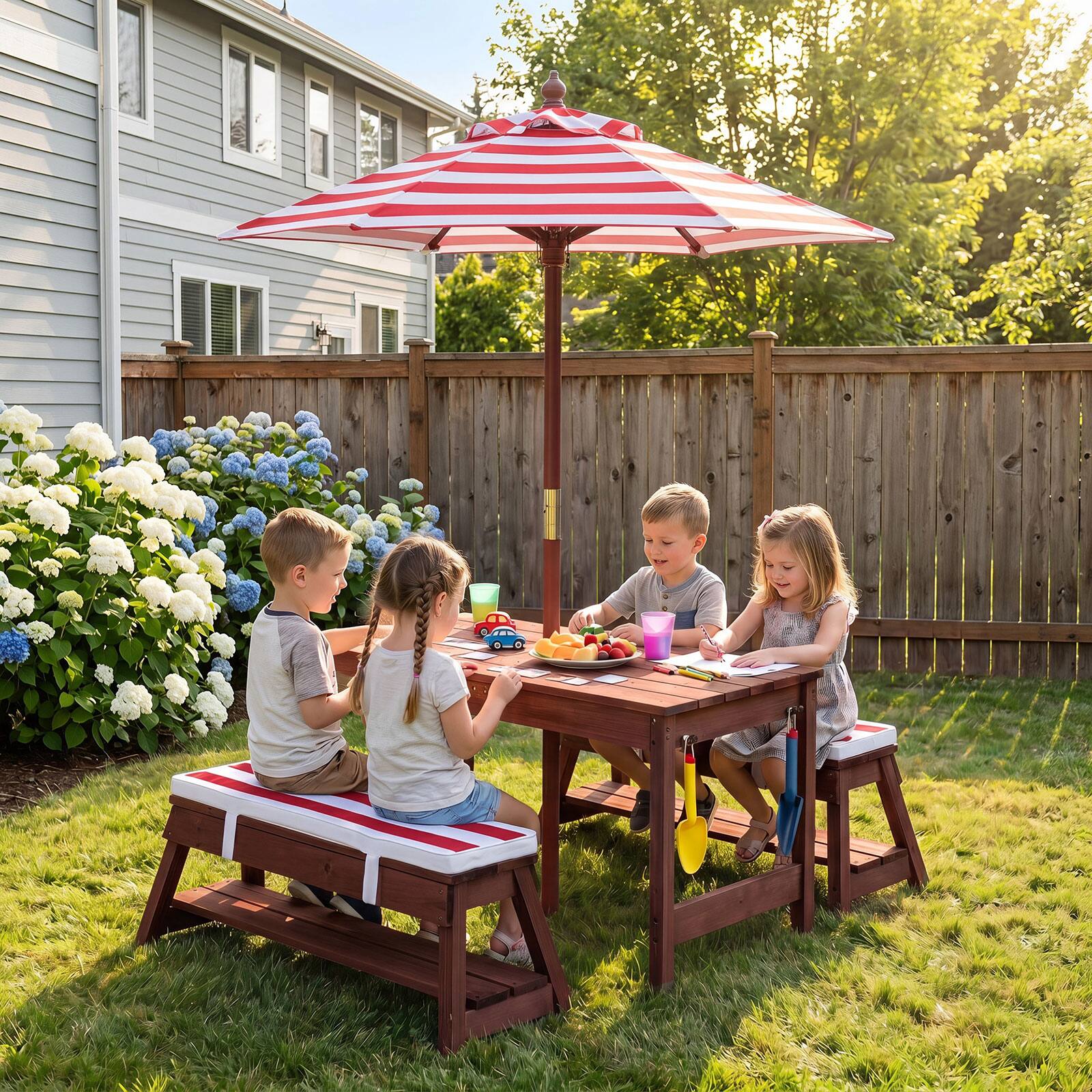 Alt View 1. Costway - Costway Kids Picnic Table & Benches Set with Adjustable Umbrella Removable Cushions Boxes - Red.