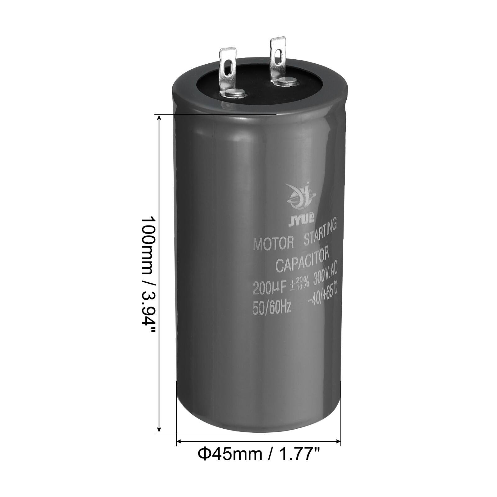 1 100mm / 3.94"  
JYUP MOTOR STARTING CAPACITOR  
300VAC 200µF ±20% -40°C-65°C 50/60Hz  
45mm/1.77"