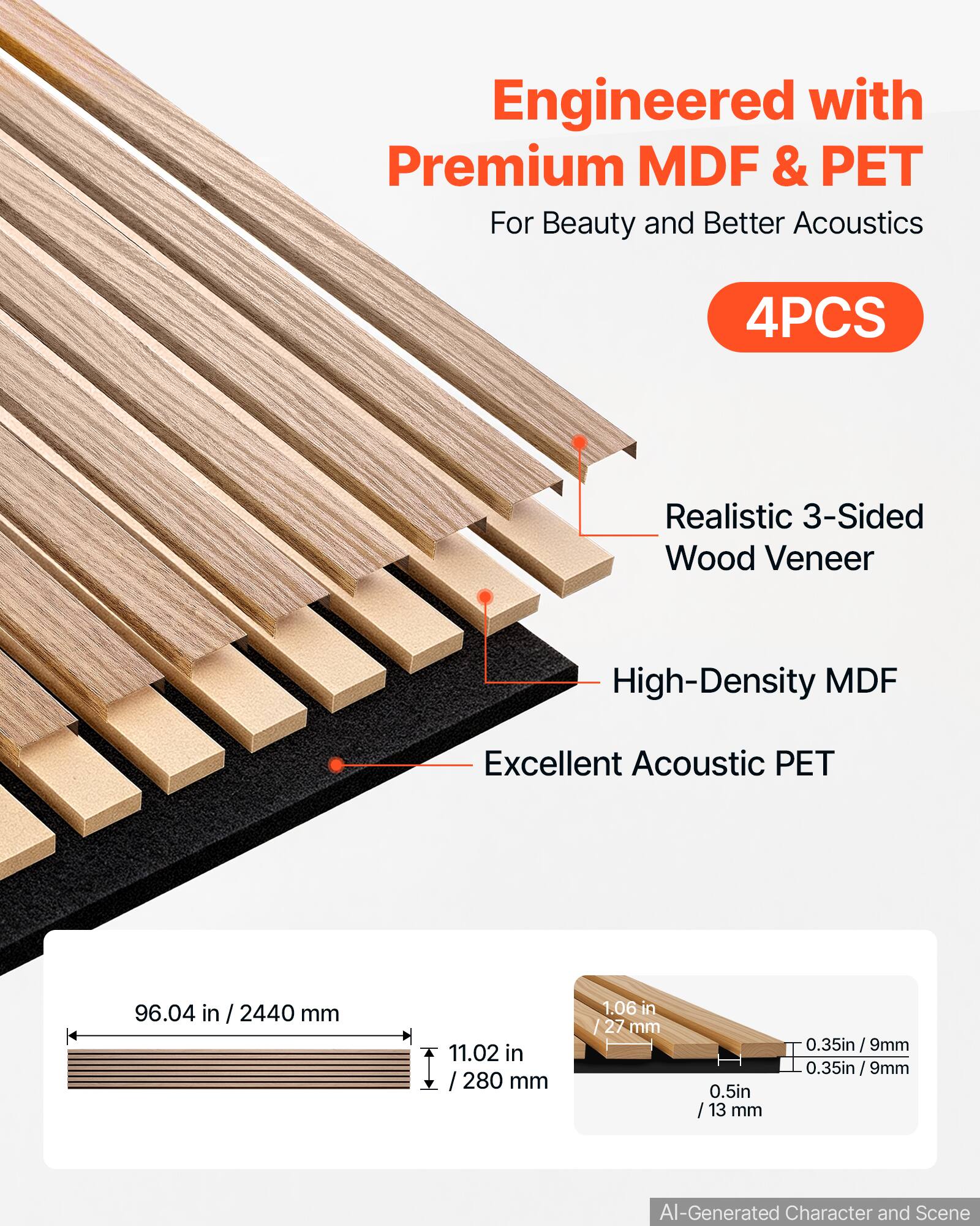 Engineered with Premium MDF & PET For Beauty and Better Acoustics

4PCS

Realistic 3-Sided Wood Veneer

High-Density MDF

Excellent Acoustic PET

96.04 in / 2440 mm

11.02 in / 280 mm

1.06 in / 27 mm

0.5 in / 13 mm

0.35 in / 9 mm

AI-Generated Character and Scene