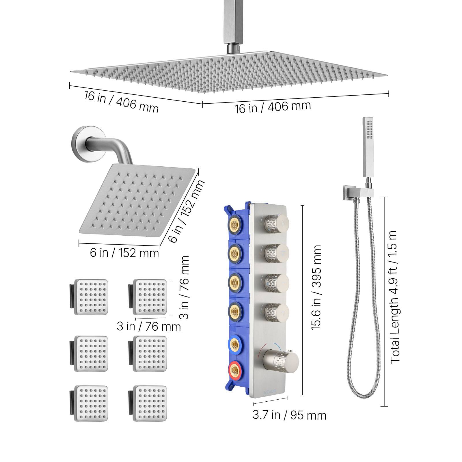 - 16 in / 406 mm
- 6 in / 152 mm
- 3 in / 76 mm
- 3.7 in / 95 mm
- 15.6 in / 395 mm
- Total Length: 4.9 ft / 1.5 m