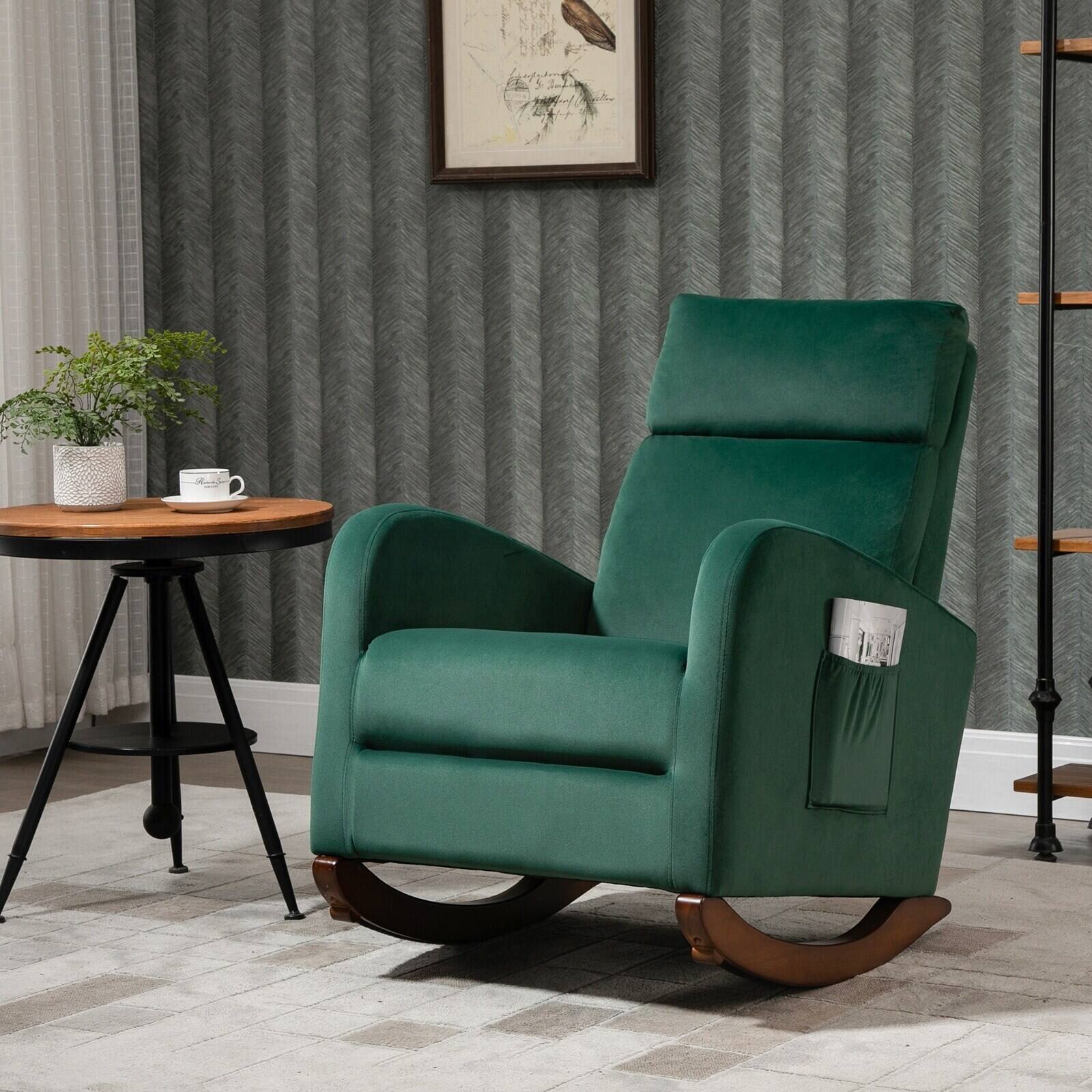 Alt View 2. U-HOMY - Mid Century Velvet Rocking Chair with High Back – Upholstered Glider Armchair for Nursery or Living Room - Green.
