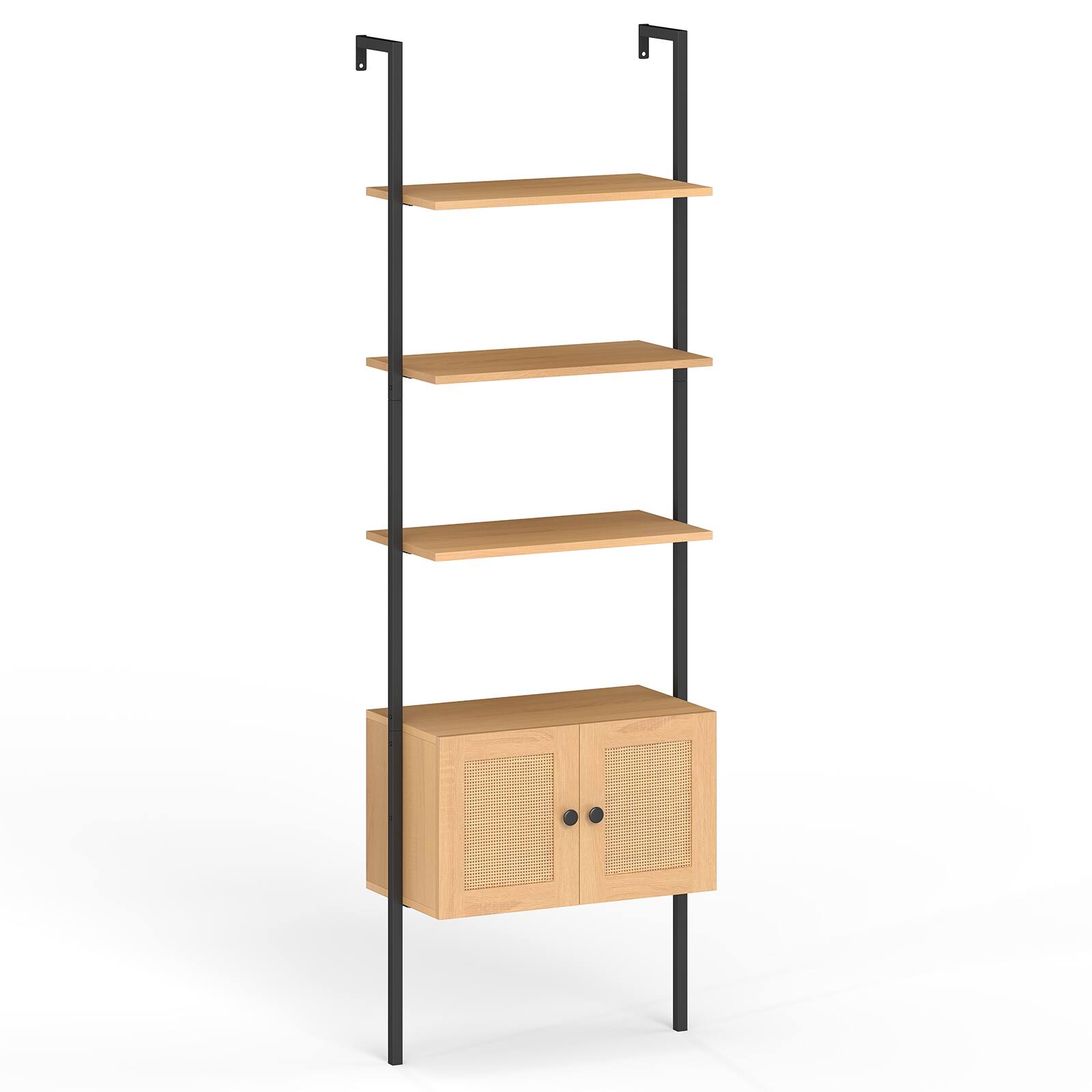 Alt View 9. Gymax - Gymax Wall-Mounted Ladder Shelf 5-tier Bookshelf w/ Rattan-Door Cabinet Display Rack - Natural.