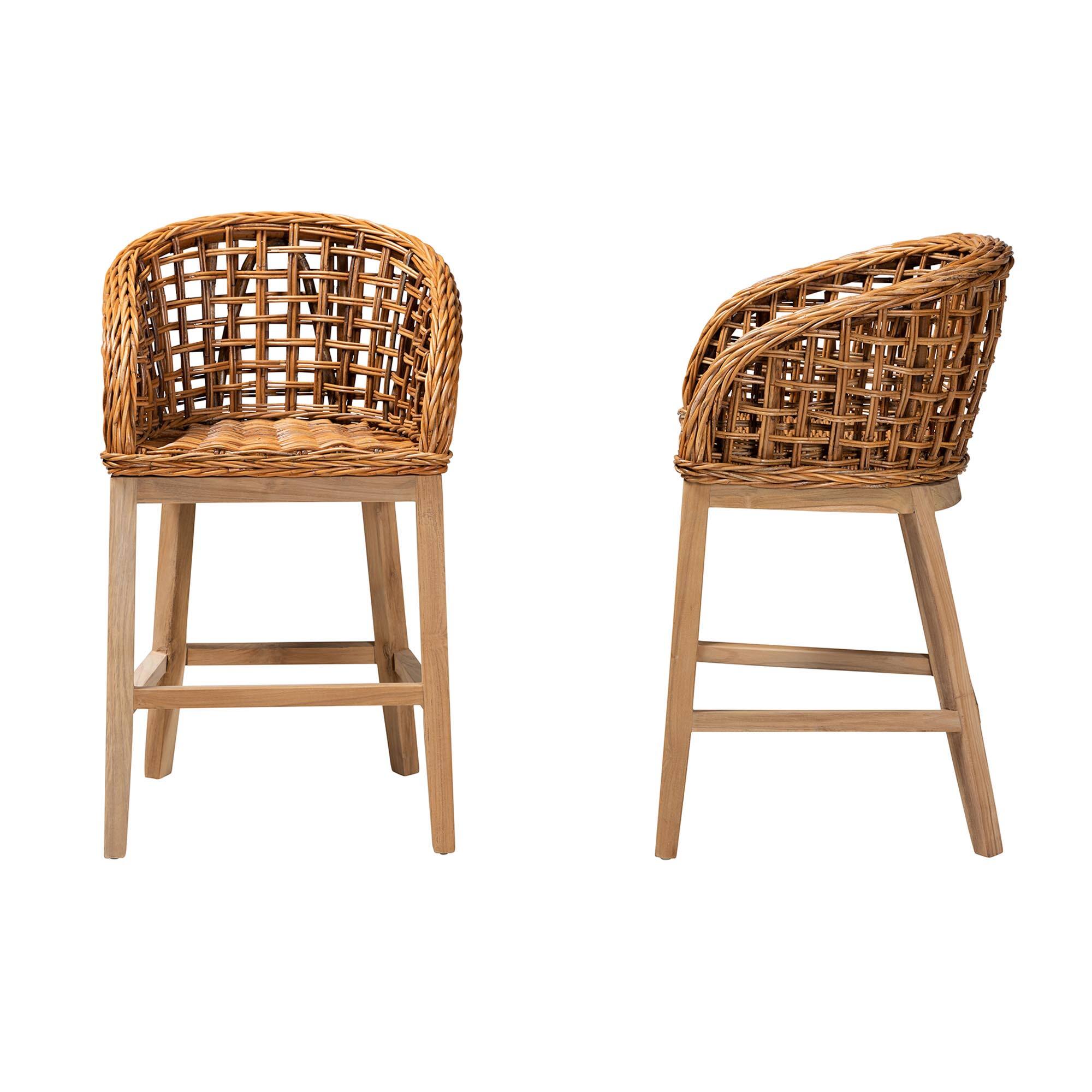 Left. bali & pari - Mario Modern Bohemian Natural Finished Teak Wood and Rattan 2-Piece Counter Stool Set - Natural Brown/Brown.