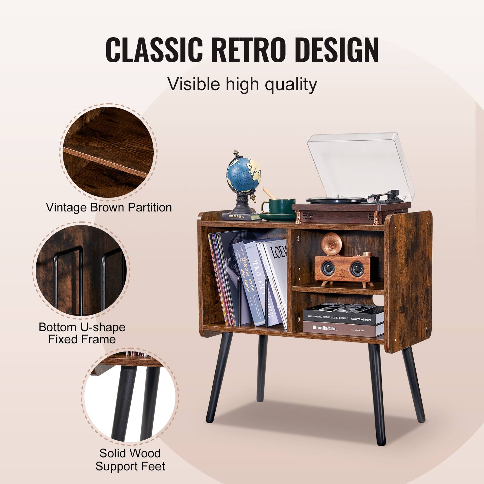 CLASSIC RETRO DESIGN  
Visible high quality  

Vintage Brown Partition  

Bottom U-shape Fixed Frame  

Solid Wood Support Feet