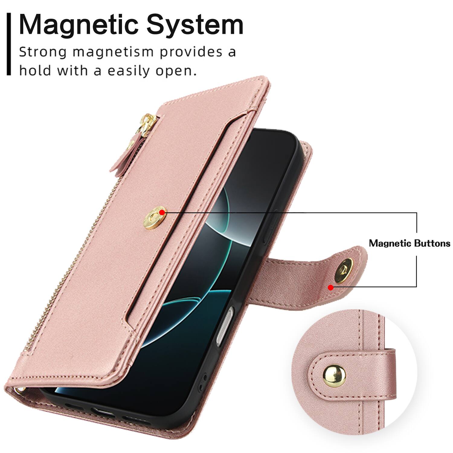 Magnetic System  
Strong magnetism provides a hold with an easily open.  
Magnetic Buttons