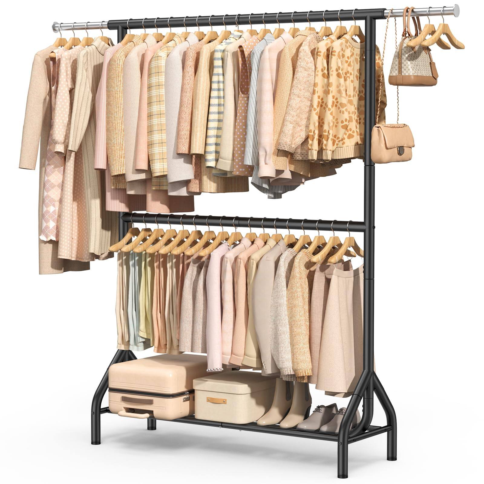 Refined Abode Design - Double Rod Clothing Rack Load Heavy Duty Clothes For Hanging 82. High Garment With Sotrage Shelves Metal Ha - Black