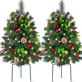 Wisairt - 24" Outdoor Christmas Trees, 2-Pack Artificial Evergreen Trees with Pinecones, Berries & Ornaments - Green