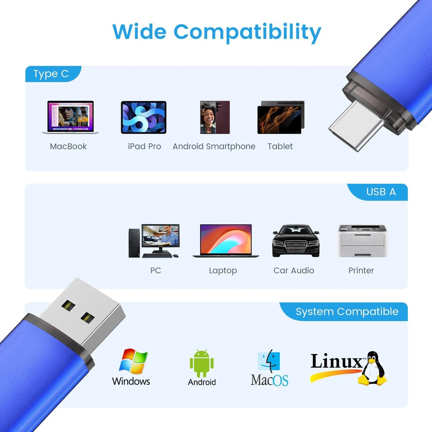 Wide Compatibility

Type C  
- MacBook  
- iPad Pro  
- Android Smartphone  
- Tablet  

USB A  
- PC  
- Laptop  
- Car Audio  
- Printer  

System Compatible  
- Windows  
- Android  
- macOS  
- Linux