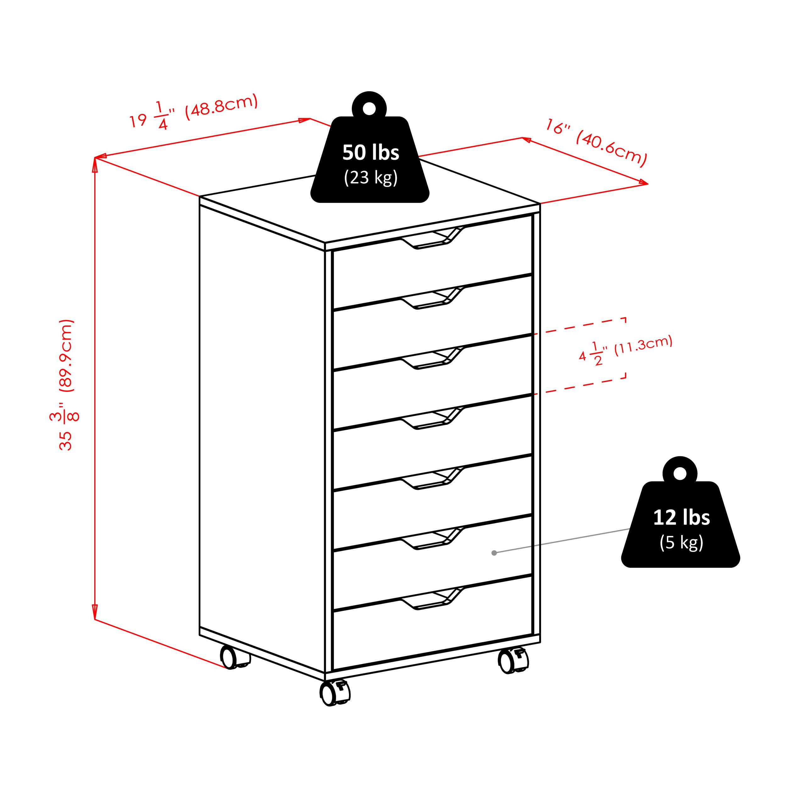 19 1/4" (48.8cm) x 16" (40.6cm) x 35 3/8" (89.9cm)  
50 lbs (23 kg)  
4 1/2" (11.3cm)  
12 lbs (5 kg)
