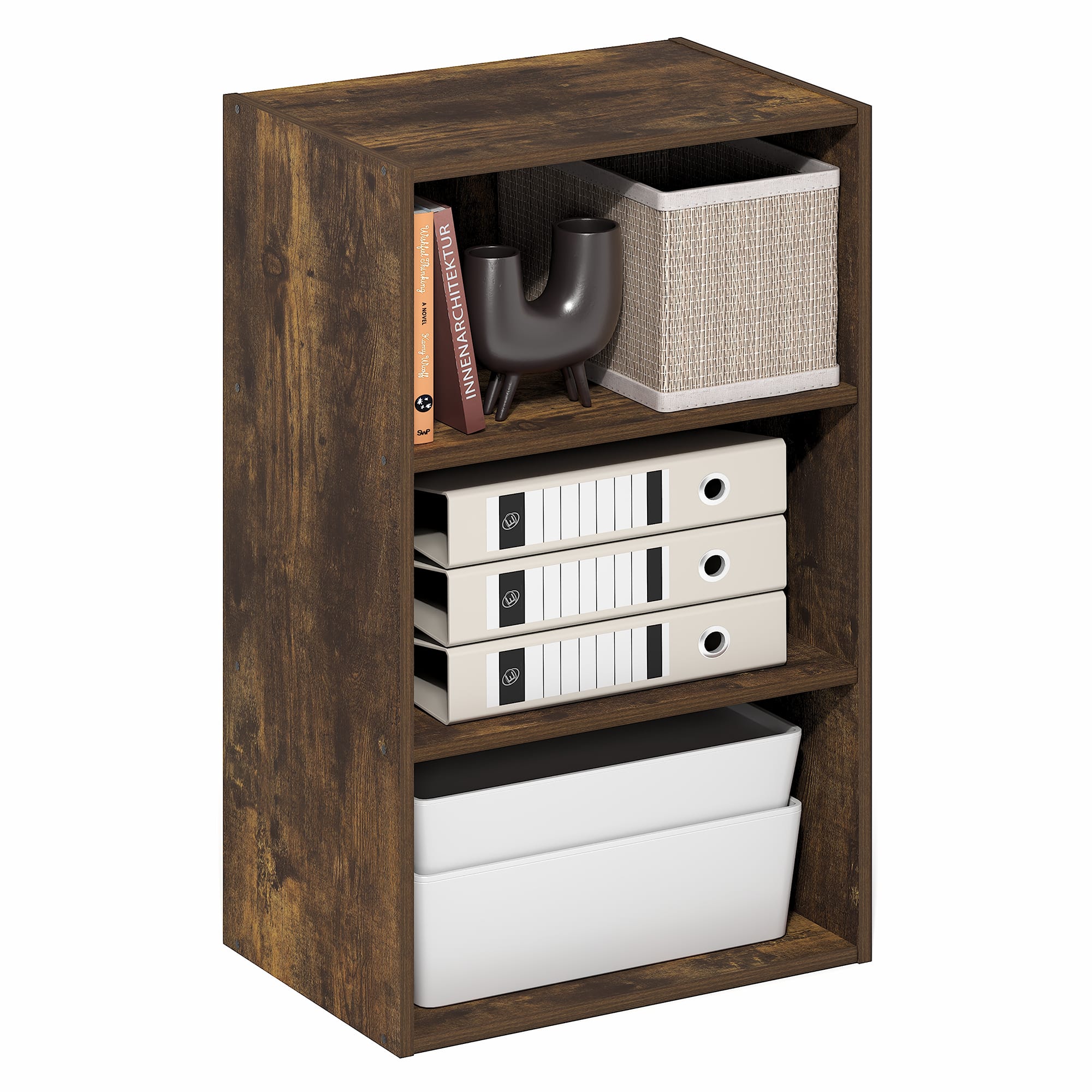 Furinno - Basic 3-Tier Open Shelf Bookcase, Bookshelf, Storage Organizer, 11 x 17 x 26 - Amber Pine