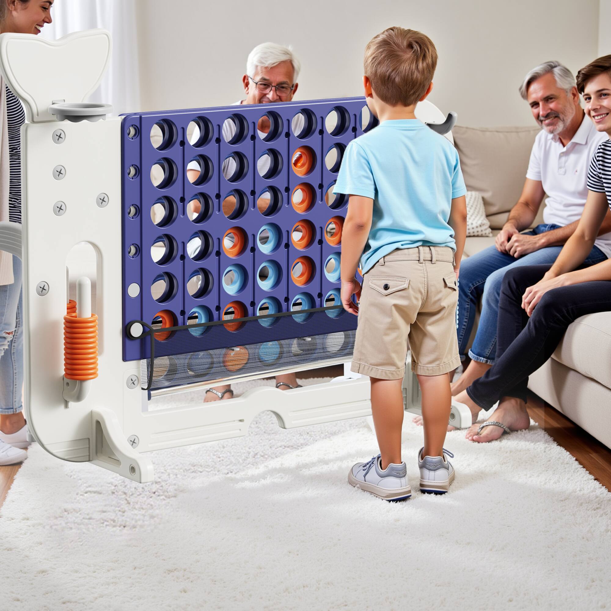 Left. ELEMENT ACE - 4-in-1 Adjustable Height Family Game Set with Basketball, Ring Toss, Golf,  Connect Four for Indoor and Outdoor - White+Purple.