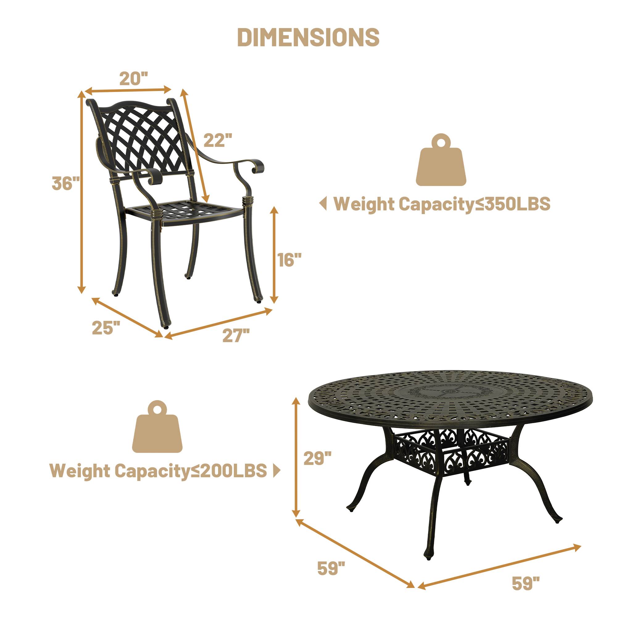 DIMENSIONS  
- Chair: 20" x 22" x 36"  
  Weight Capacity: ≤350LBS  
- Table: 25" x 27" x 29"  
  Weight Capacity: ≤200LBS  
- Diameter: 59"