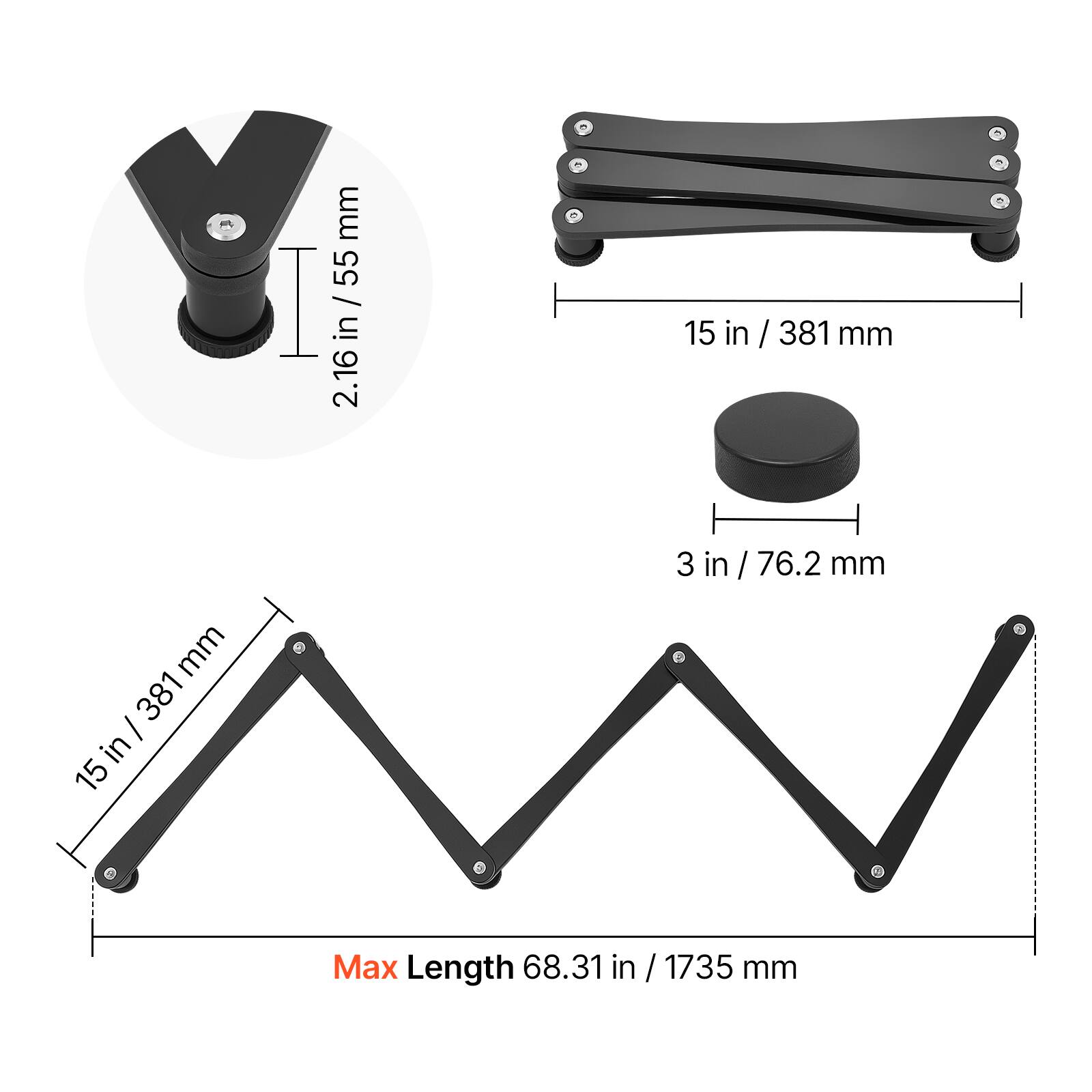 mm 55 I / 2.16 in / 55 in 2.16 15 in in / 38 / 381 mm . mm 381 I in 15 3 in / 76.2 mm Max Length 68.31 in / 1735 mm