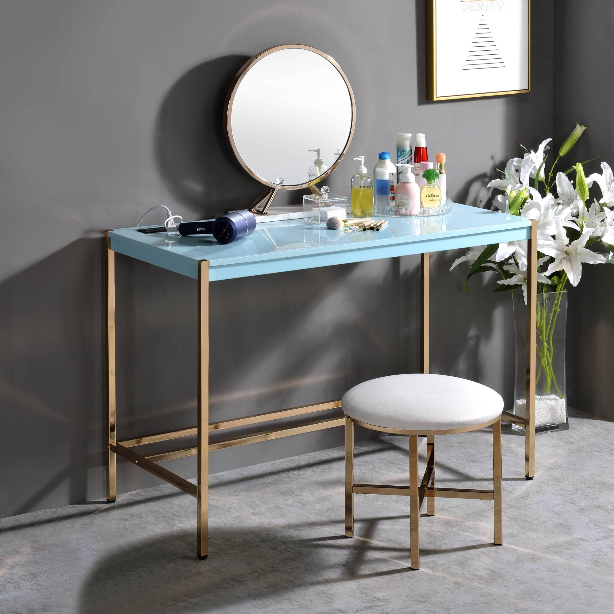 Angle. GOODSILO - Modern Writing Desk with USB Charging Port for Contemporary Home Office Workspace - Gold+Light Blue.