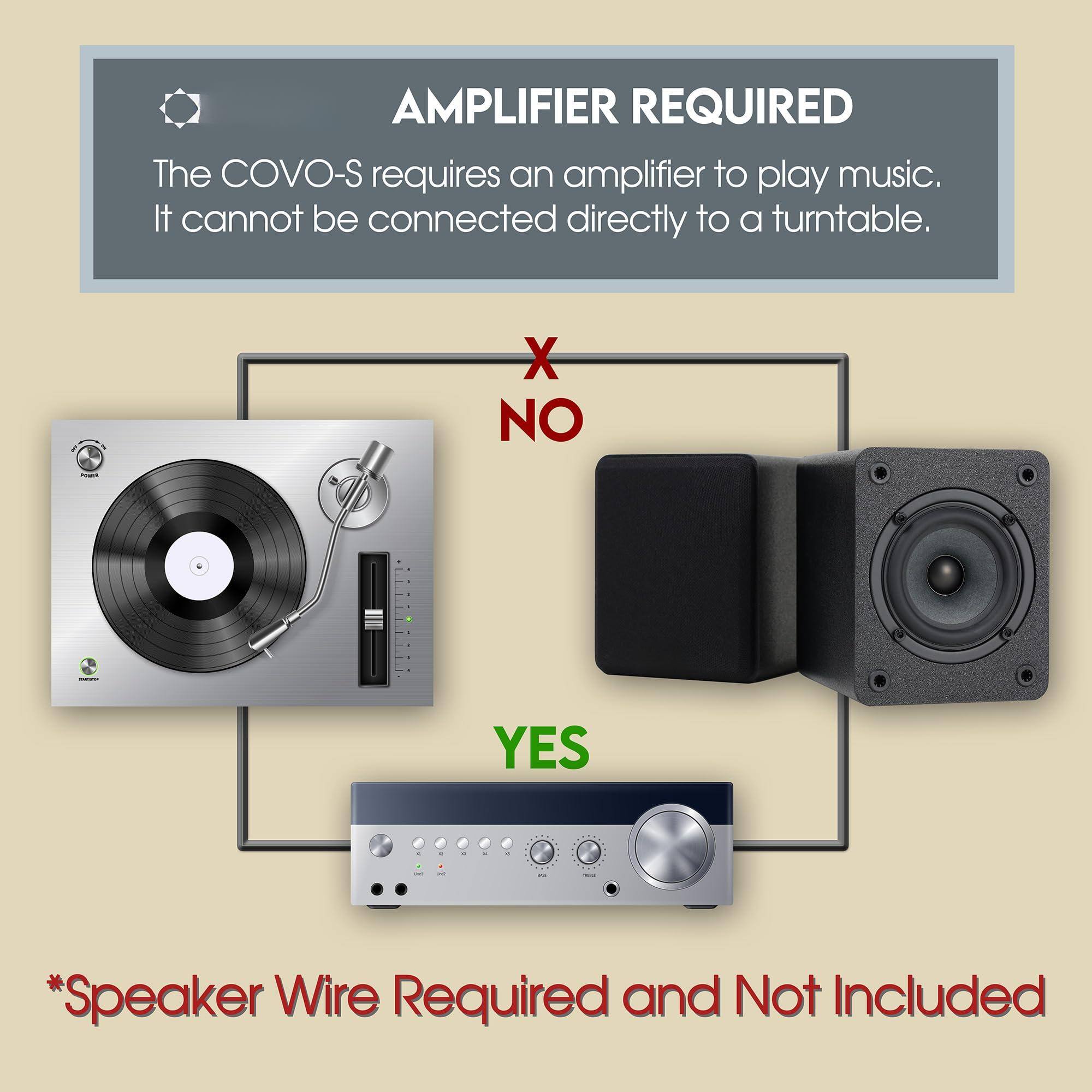 AMPLIFIER REQUIRED  
The COVO-S requires an amplifier to play music. It cannot be connected directly to a turntable.  

NO  
YES  

*Speaker Wire Required and Not Included