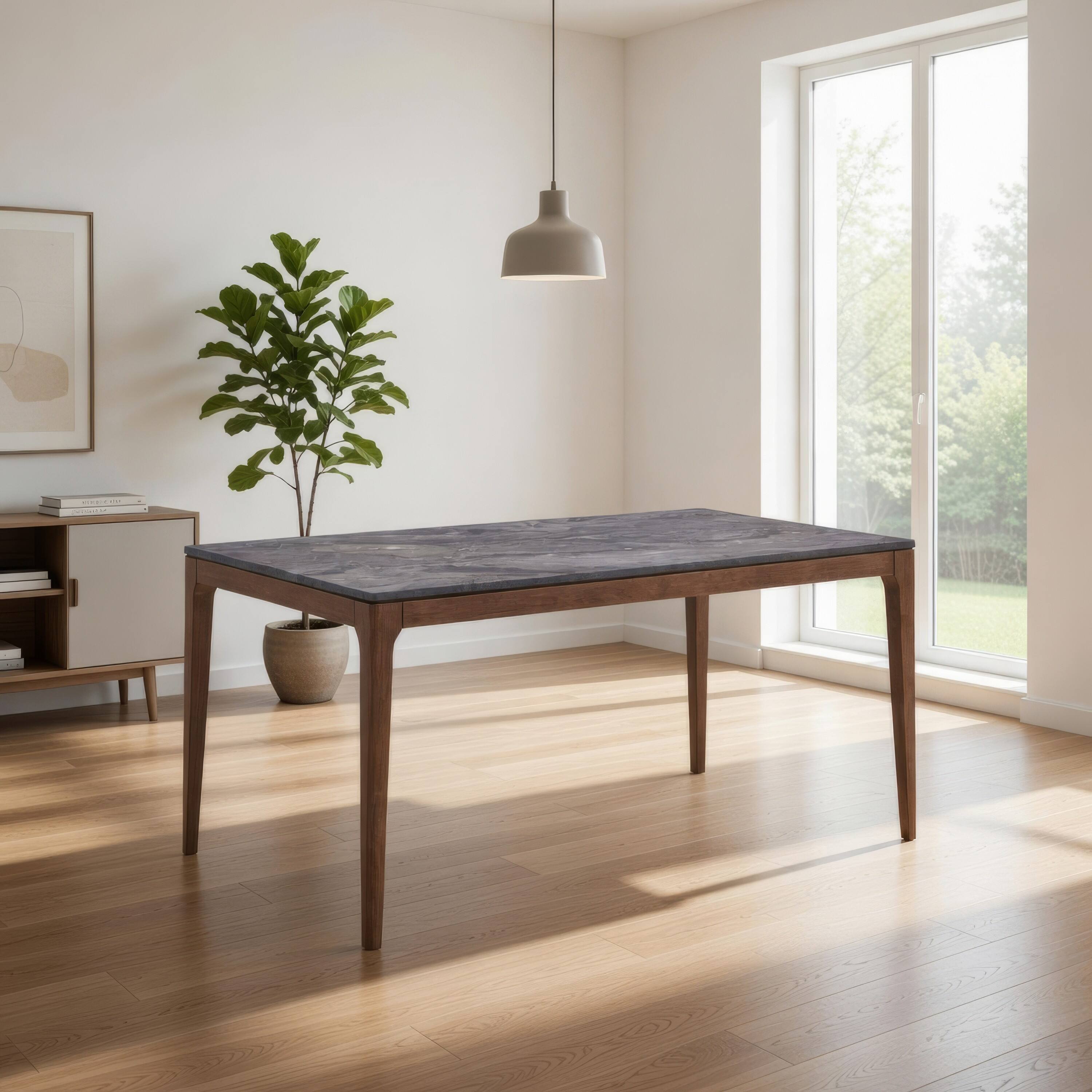 Alt View 7. Manhattan Lane - Evis 63 Inch Dining Table, Marble Grain Faux Stone Top, Walnut Brown Wood - Brown.
