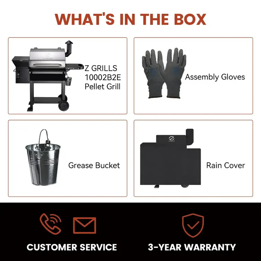 The image shows a variety of items in a box, including a Z Grills 10002B2E Pellet Grill, two assembly gloves, a grease bucket, and a rain cover. The box also contains a customer service card and a 3-year warranty.