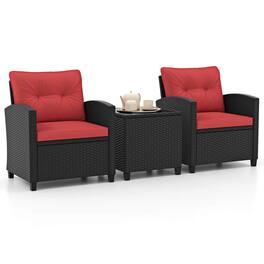 Costway - 3 PCS Patio Furniture Set with Tempered Glass Coffee Table Washable Cushions - Red,Black