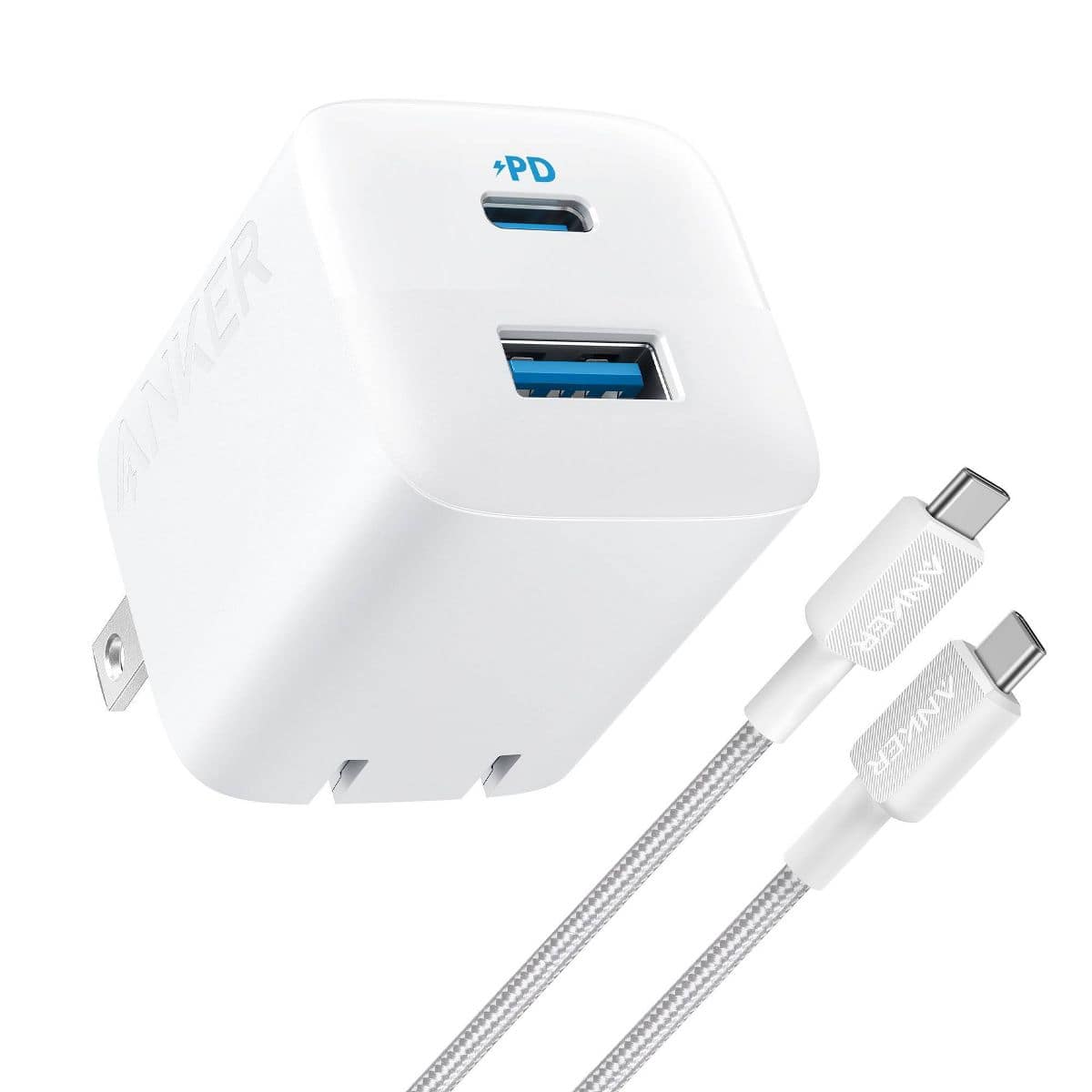 Anker - 2 Port 33W Wall Charger with 6' USB-C to USB-C Cable - White: Quick Charge, 9V Output