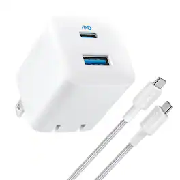 Anker - 2 Port 33W Wall Charger with 6' USB-C to USB-C Cable - White: Quick Charge, 9V Output