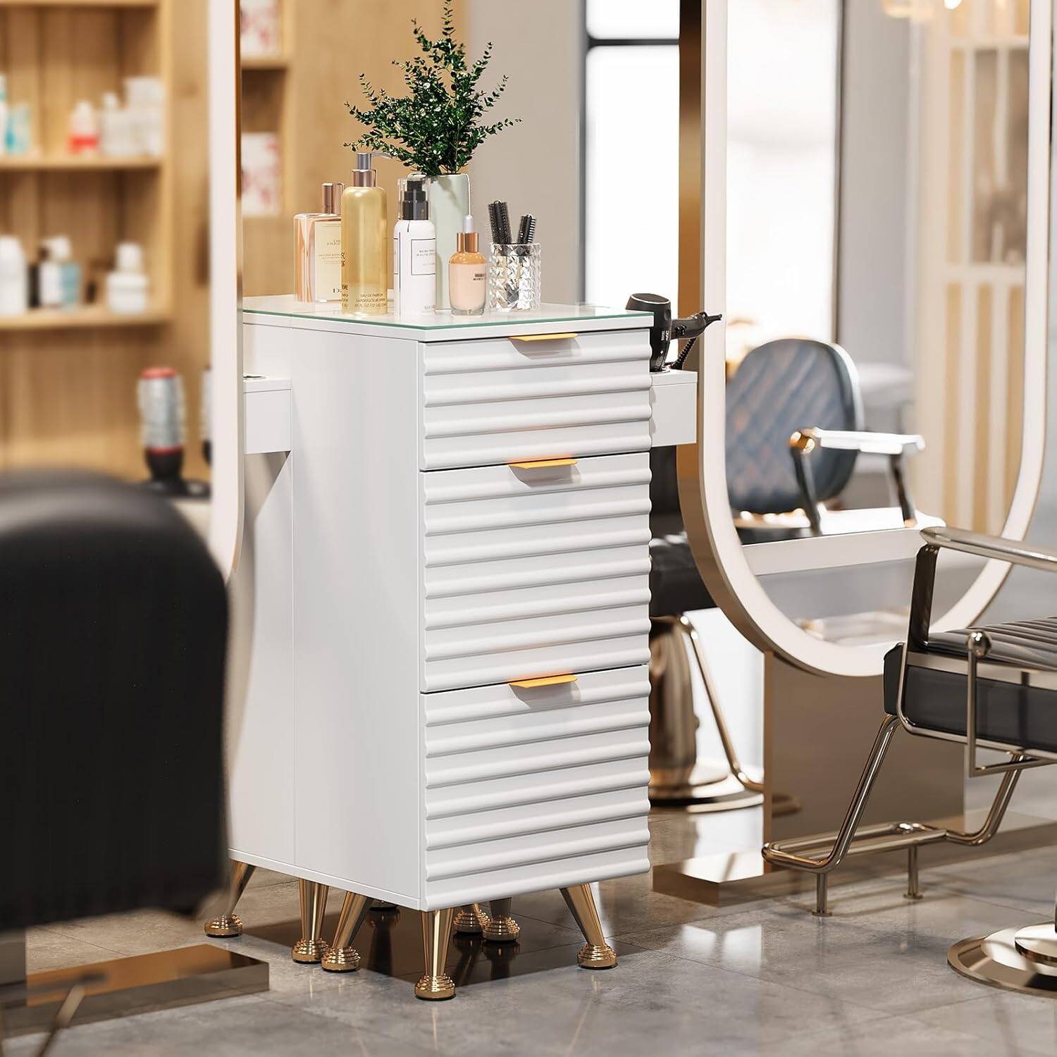 Angle. Winado - Barber Station Barber Station with Removable Glass Top & Hot Tool Holder & 3 Pull-out Drawers & Aluminium Alloy Handle - White & Gold.