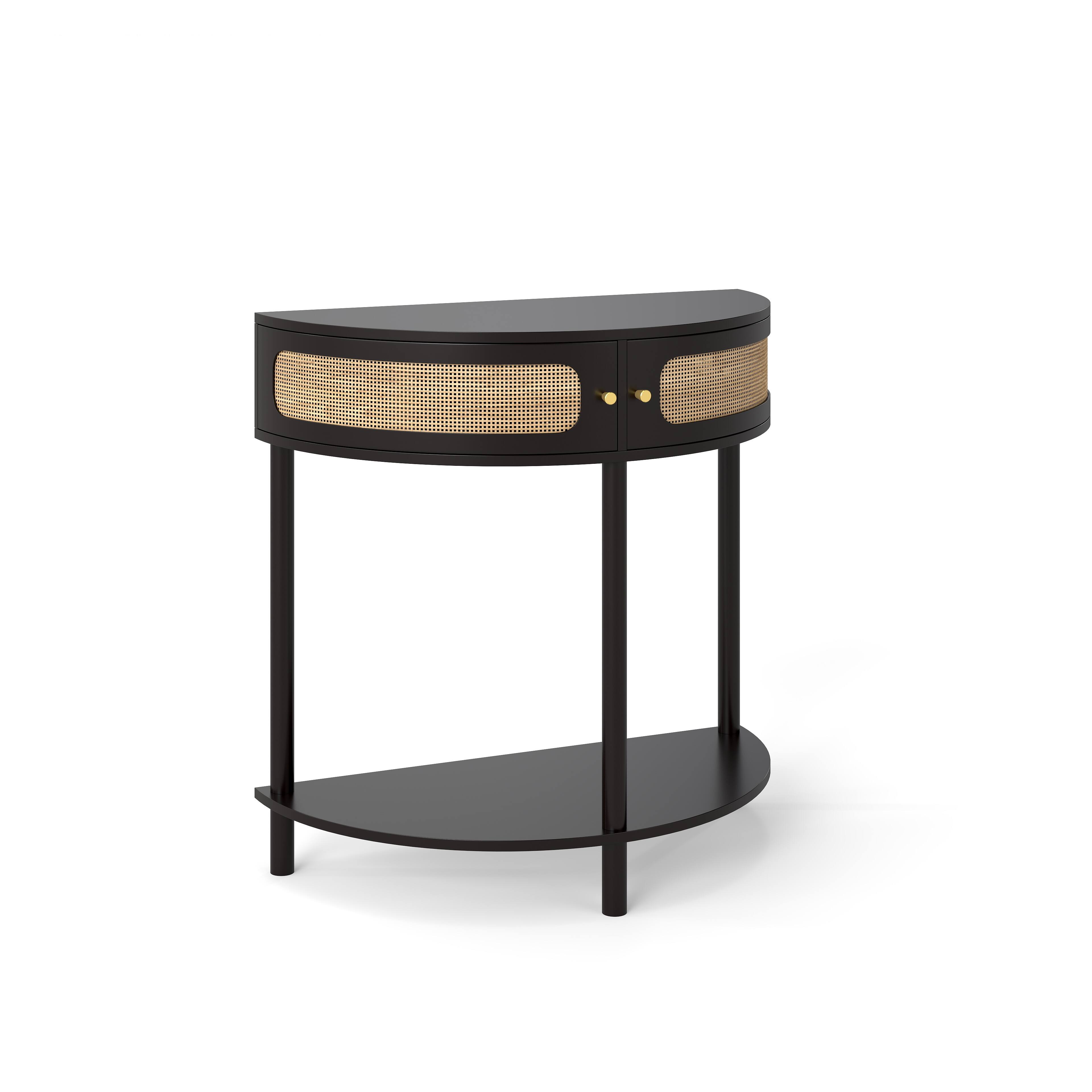 Alt View 10. Tiramisubest - Boho Rattan Semi Circle End Table with Sliding Door,Elegant Black Wood Accent Table with Storage and Bottom Shelf - Black.