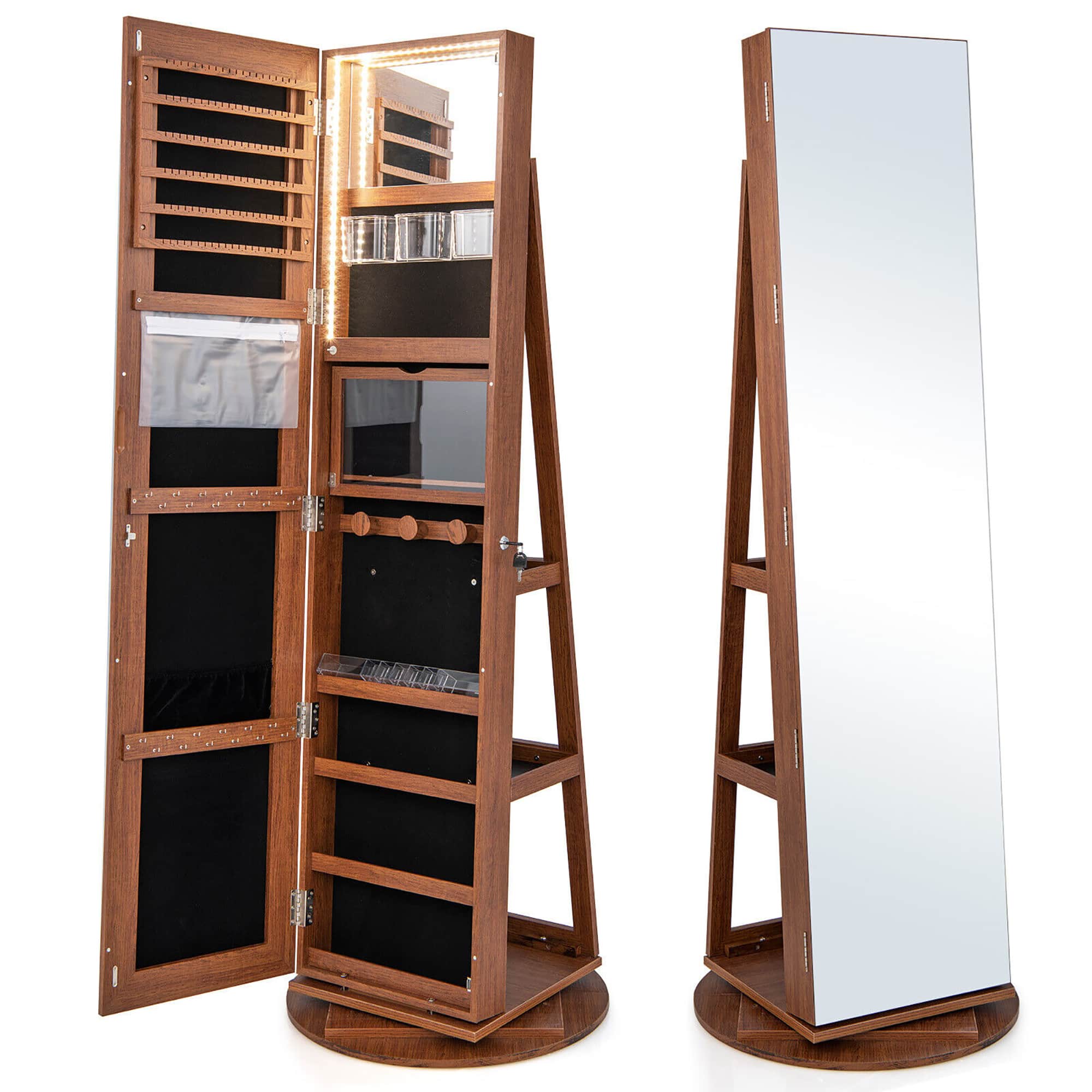 Front. Gymax - Gymax Rotating Mirrored Jewelry Cabinet with Mirror Storage Shelves Brown - Brown.