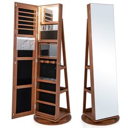 Gymax - Rotating Mirrored Jewelry Cabinet with Mirror Storage Shelves - Brown