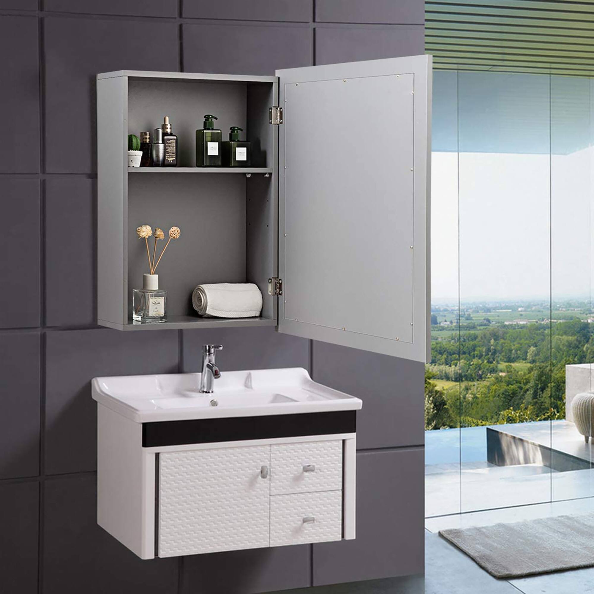 Alt View 3. Costway - Costway Mirrored Medicine Cabinet Wall-Mounted Bathroom Storage Organizer W/Shelf - Grey.