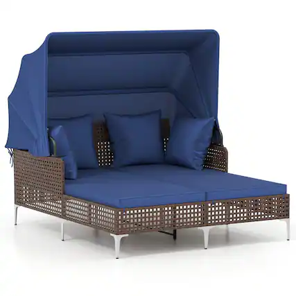 Front. Gymax - Gymax Outdoor Daybed w/ Retractable Canopy PE Wicker Rattan Patio Double Chaise Lounger Navy - Blue.