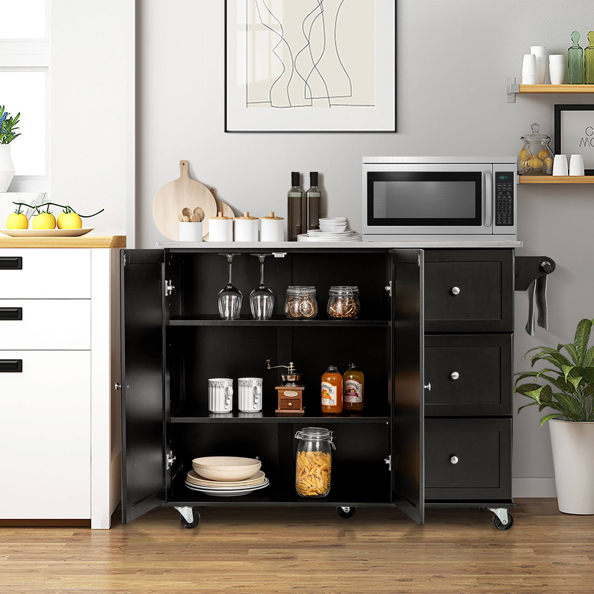 Alt View 2. Costway - Costway Kitchen Island 2-Door Storage Cabinet Stainless Steel Top w/ Drawers - Black.