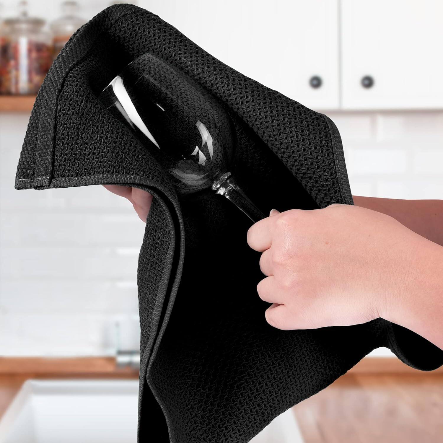 Angle. Zulay Kitchen - Zulay Kitchen Towels 3 Pack Waffle Weave - 13 x 28 Inch Super Absorbent Dish Towels for Kitchen - Black.