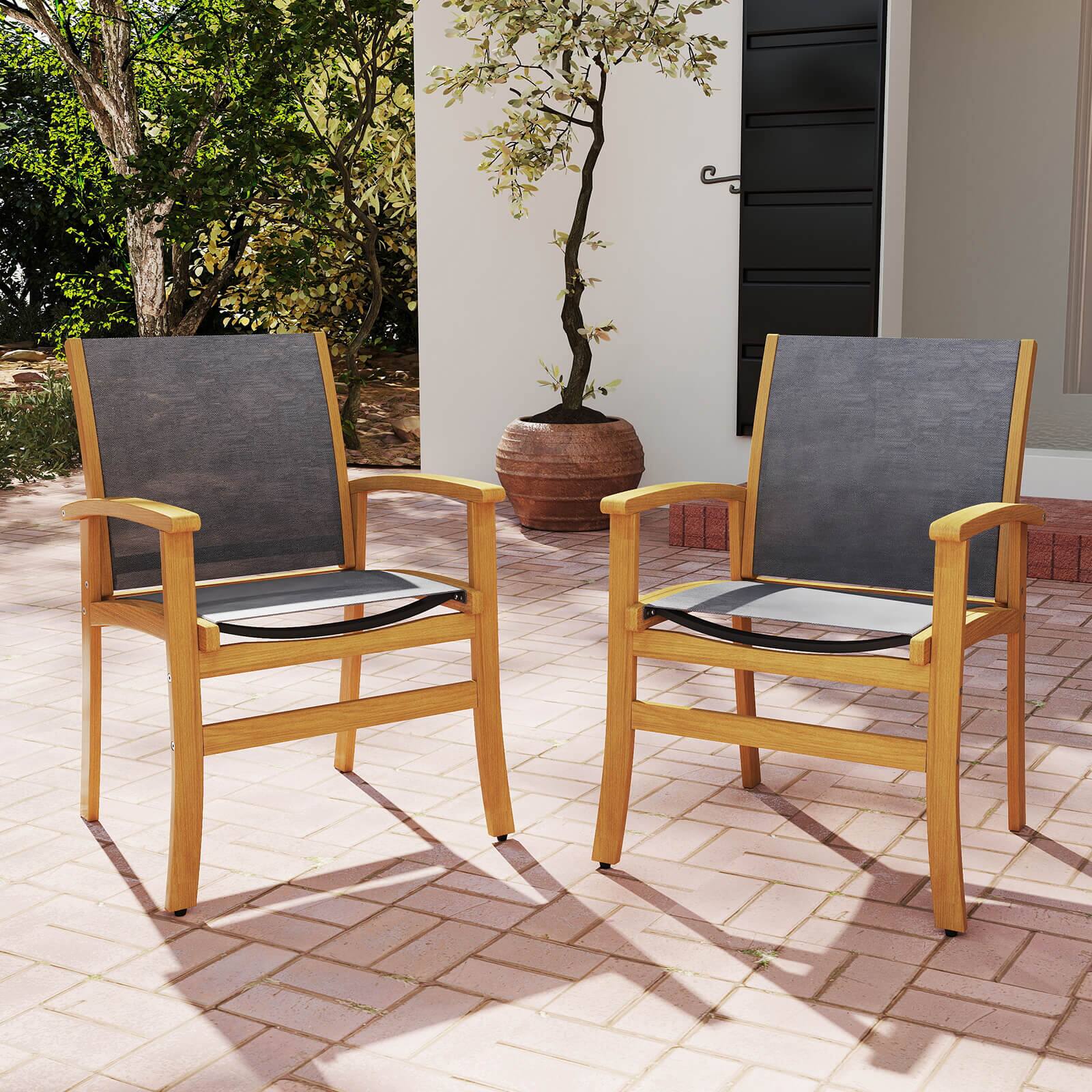 Alt View 1. Costway - Costway 2 PCS Outdoor Dining Chairs Acacia Wood Patio Chairs with Breathable Fabric Seat - Multicolor.