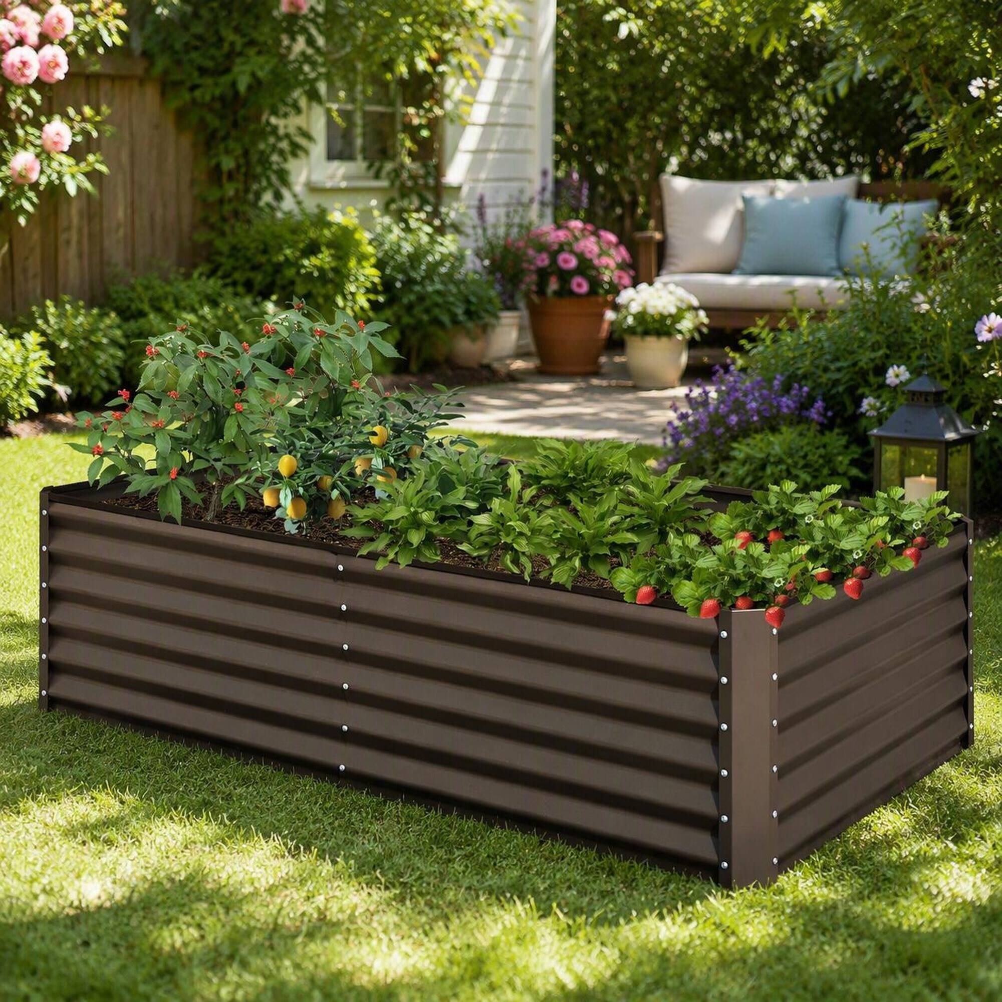 Alt View 2. RYHNUYNE - 6x3x1.5ft Galvanized Raised Garden Bed Outdoor Planter Box Metal Garden Box for Vegetables Flowers Brown - Brown.