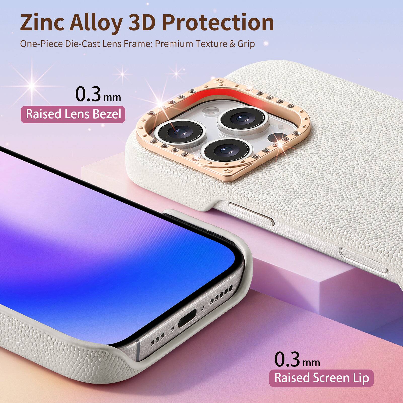 Zinc Alloy 3D Protection  
One-Piece Die-Cast Lens Frame: Premium Texture & Grip  
0.3 mm Raised Lens Bezel  
0.3 mm Raised Screen Lip