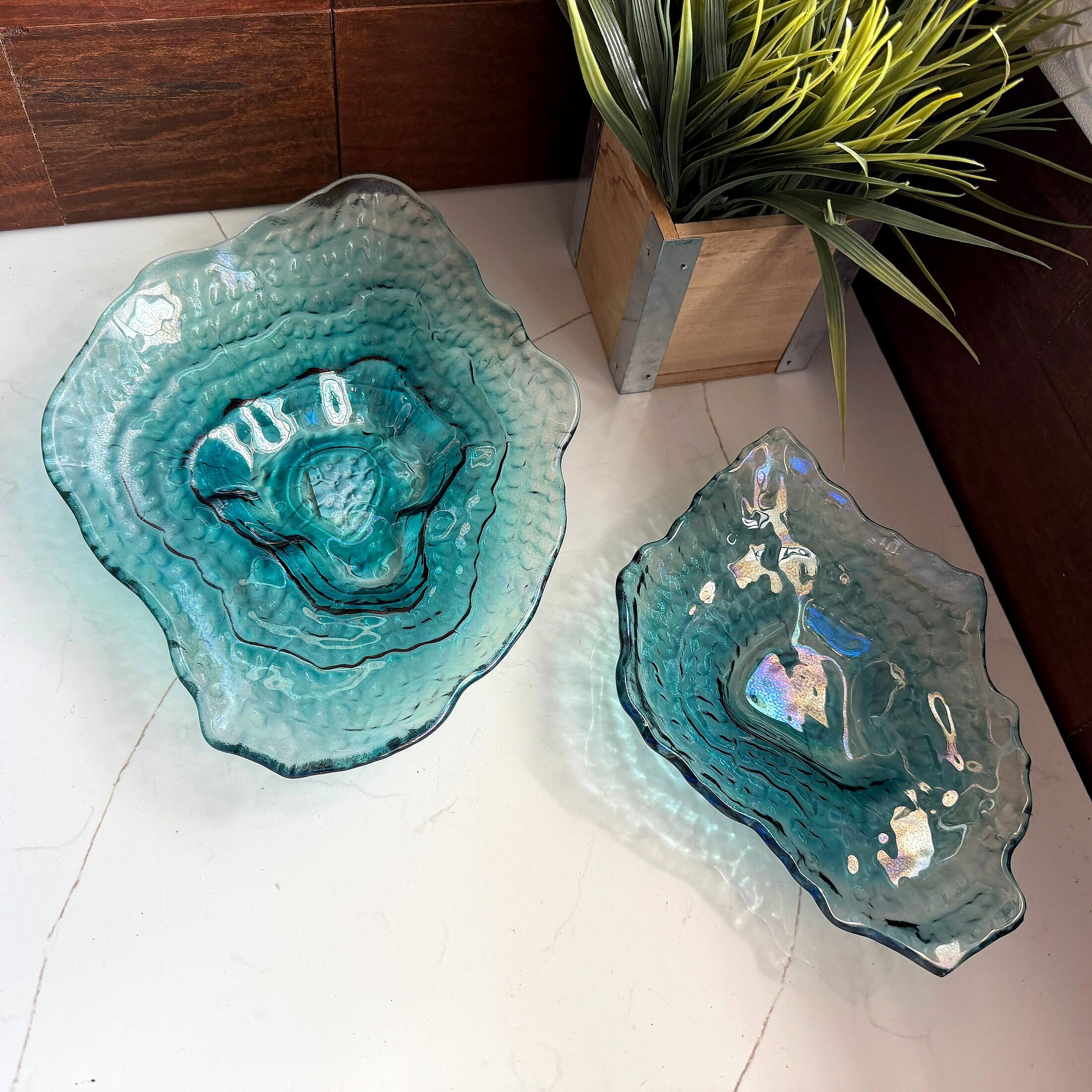 Alt View 4. Things2Die4 - Set of 2 Oyster Shaped Decorative Plates Blue Iridescent Glass 13 In - Blue.