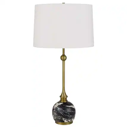 Front. Manhattan Lane - Table Lamp, Drum Shade, Slim Neck, Swirled Marble 29 Inch - White, Antique Brass, Black.