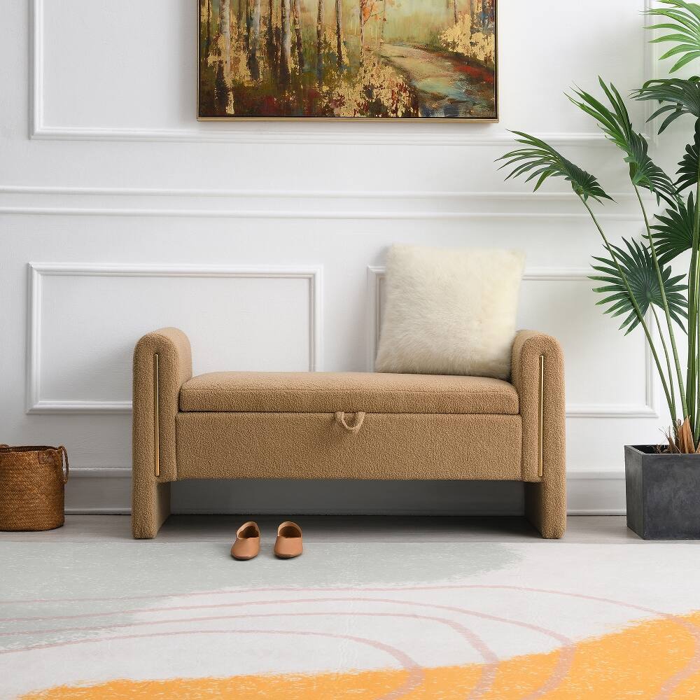 Front. Ropilly - Modern Teddy Bed End Bench with Storage, Upholstered Foot Rest Stool, Comfy Window Vanity Bench with Arms - Coffee.