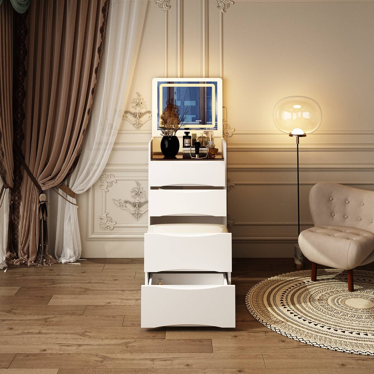 Left. Famapy - 3-in-1 Flip-Top Vanity Desk: Space-Saving LED Makeup Station, Nightstand & Desk with Storage Stool - White.
