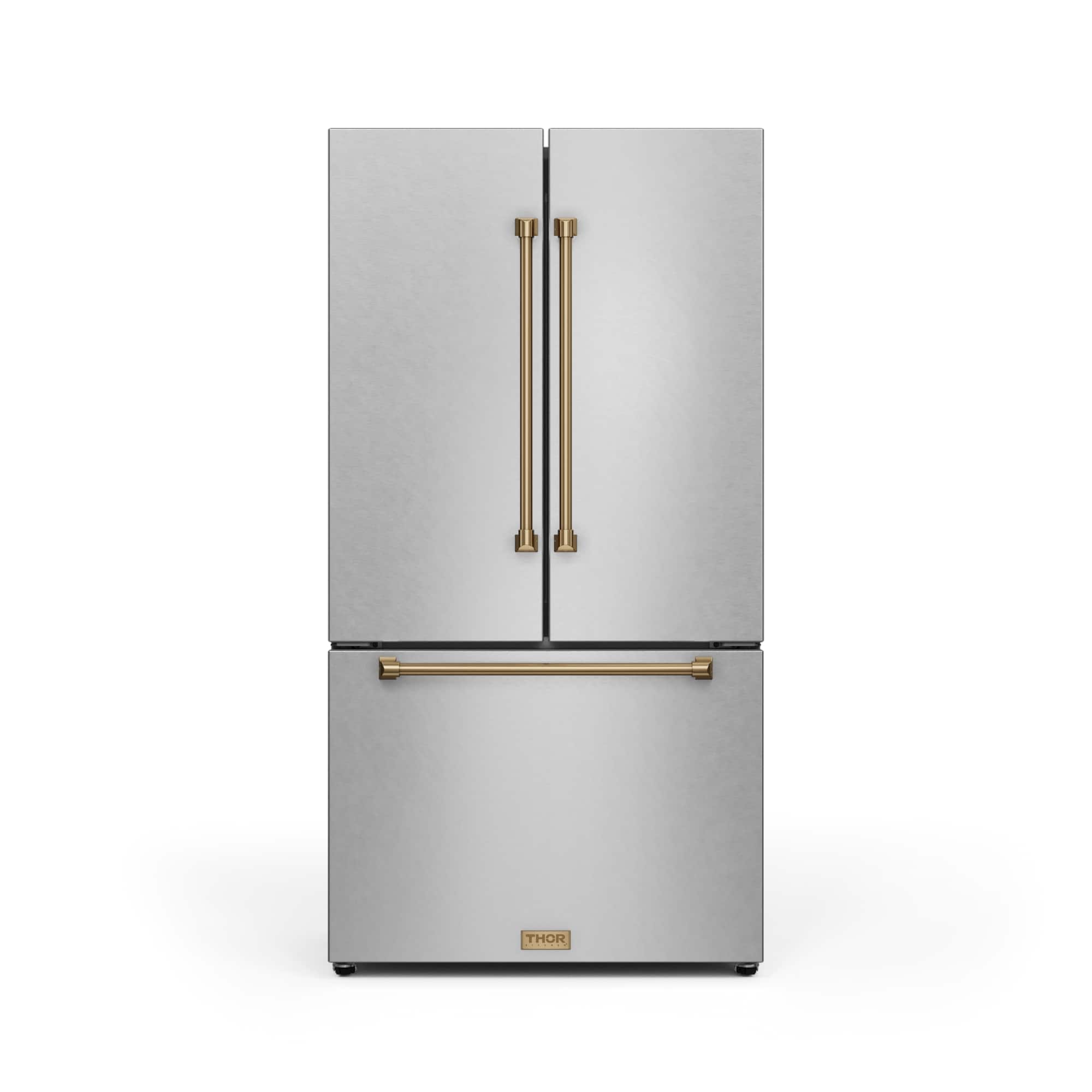 Front. Thor Kitchen - Gordon Ramsay Series by Thor Kitchen 20.3 Cu. Ft. Counter Depth Refrigerator with Bronze Hardware - Stainless steel.