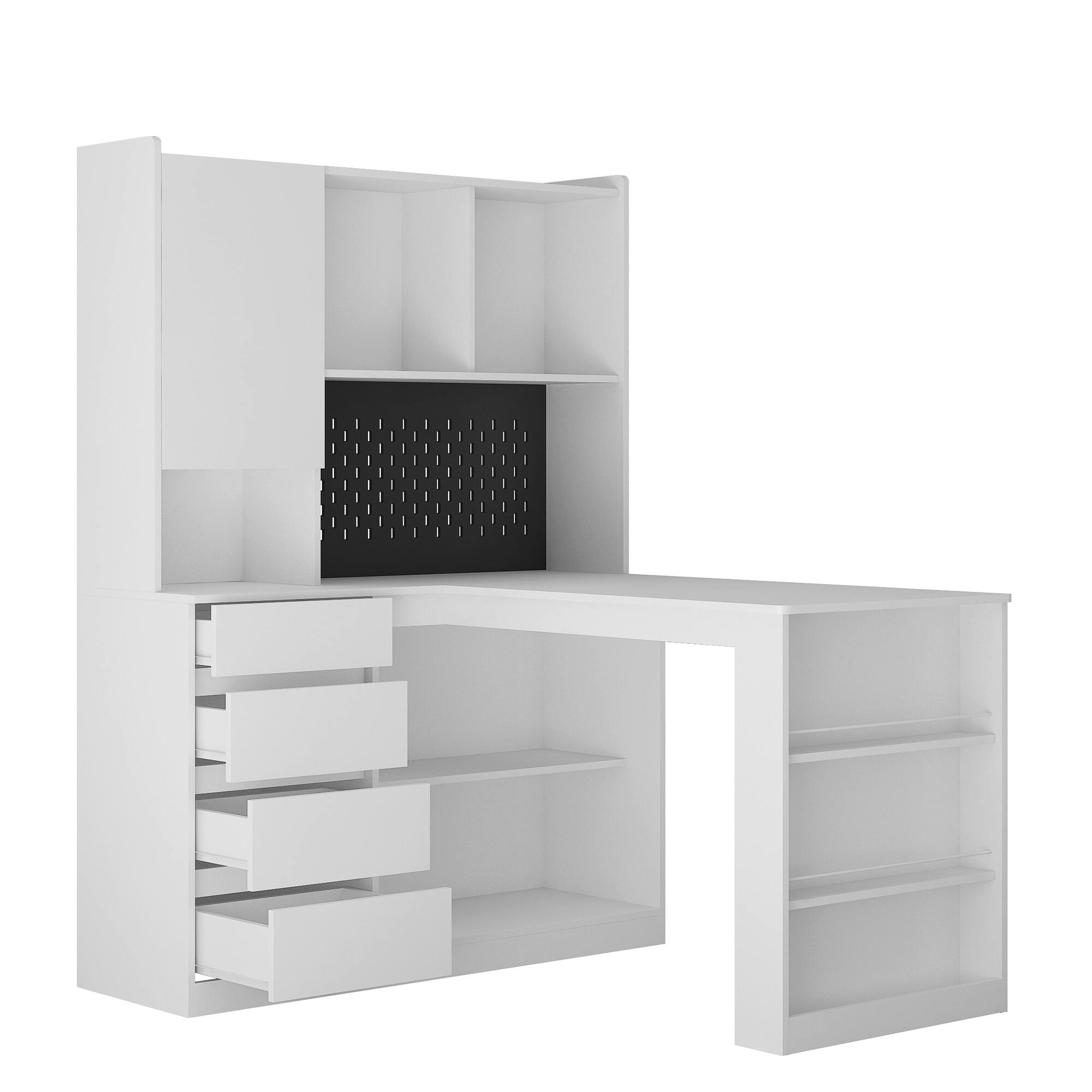 Alt View 1. Tiramisubest - L Shaped Computer Desk with Drawers,Bookshelf,LED Light,Modern Corner Writing Desk,Home Office Desk with Storage,White - White.