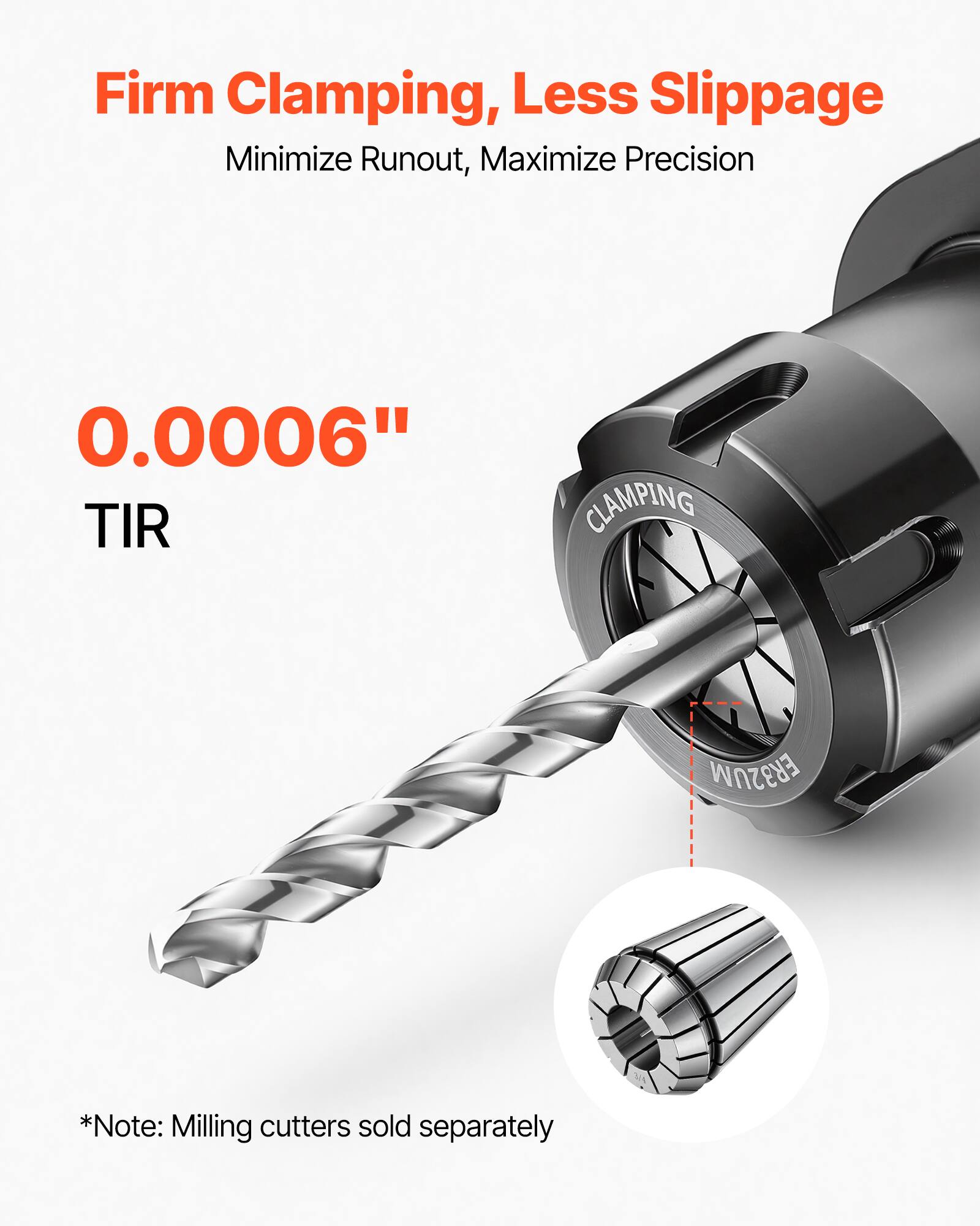 Firm Clamping, Less Slippage  
Minimize Runout, Maximize Precision  
0.0006" TIR  
CLAMPING  
*Note: Milling cutters sold separately
